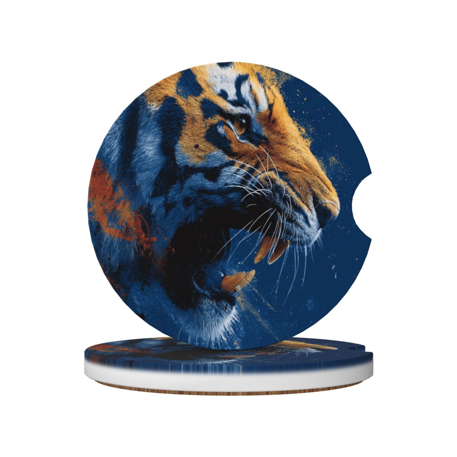 Aggressive Roaring Tiger Head On Blue Ceramic Coasters,2pcs