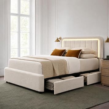 Brafab Queen Size Bed Frame, 4 Storage Drawers, LED Headboard Lighting