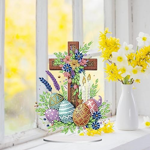 Miniatura 7 de Kit de adornos de pintura artística con diamantes de cruz de Pascua 5D, diamantes de imitación de cristal con forma especial, adorno de escritorio