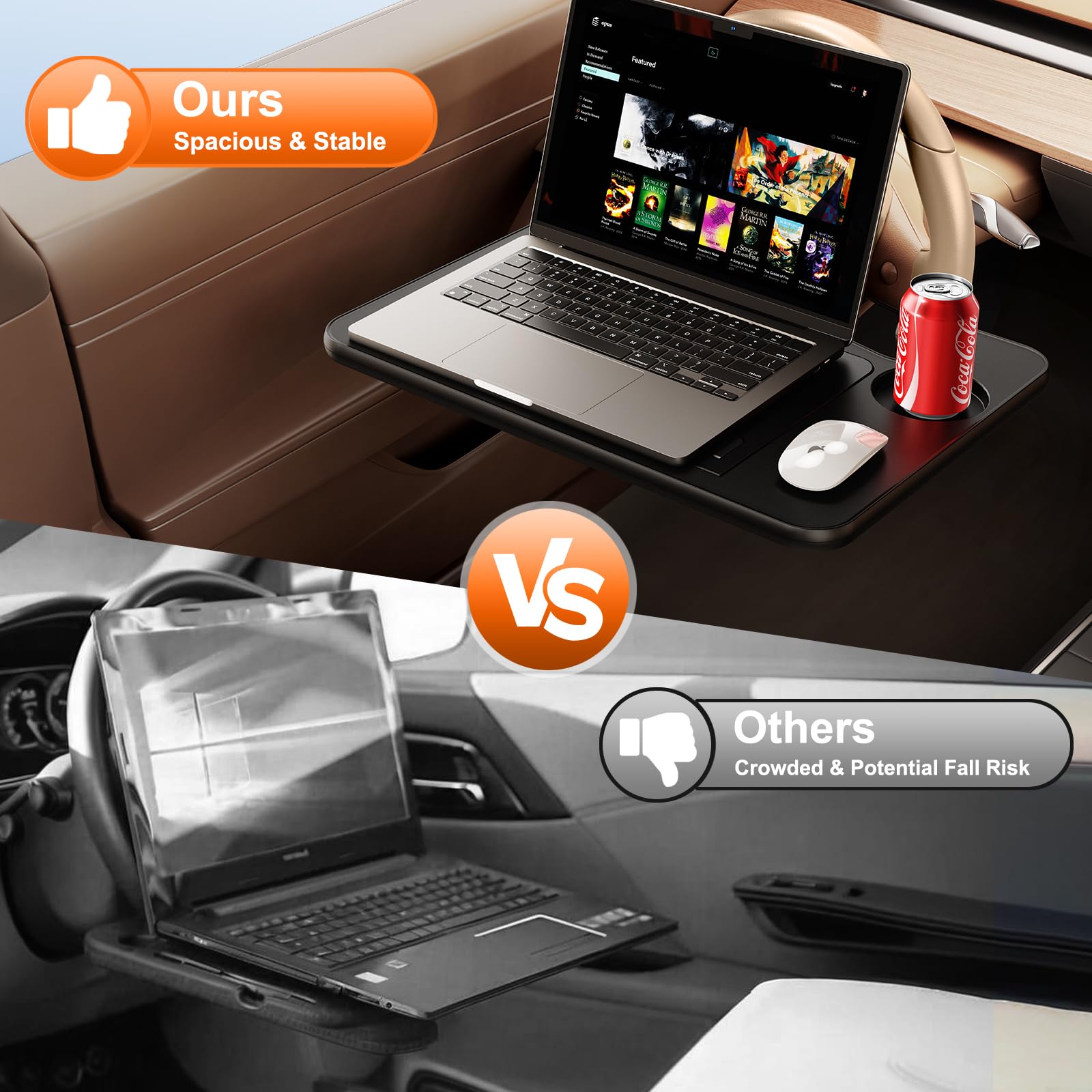Tavolino per volante auto 3 in 1 per laptop, vassoio regolabile in altezza per conducente, vassoio per cibo per auto con portabevande, accessorio multiuso da viaggio per auto per lunghi
