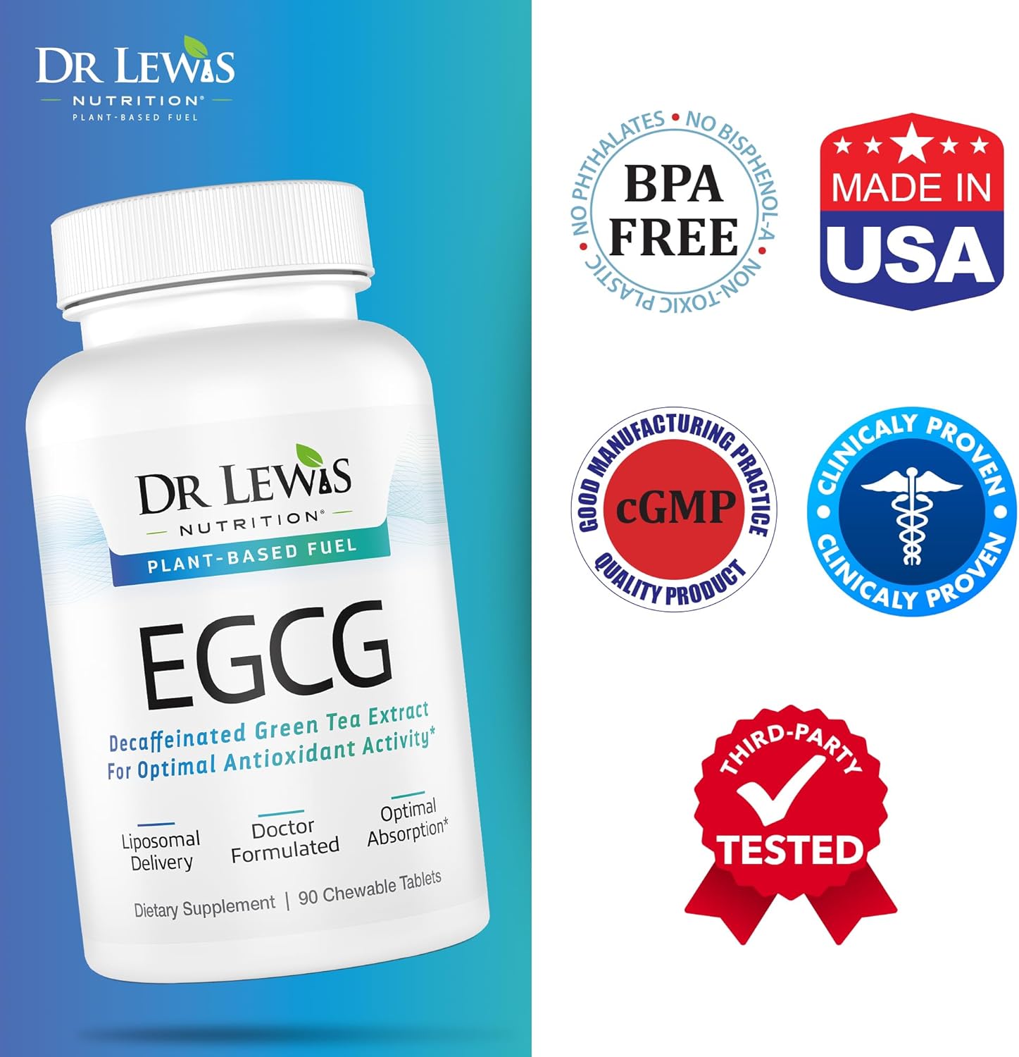 Liposomal Decaffeinated Green Tea Extract 94% EGCG Supplement with Clinically Tested Plant Based Blend for Heart, Brain Support & Overall Well Being - Gluten-Free, Non-GMO - 90 Chewable Vegan Tablets