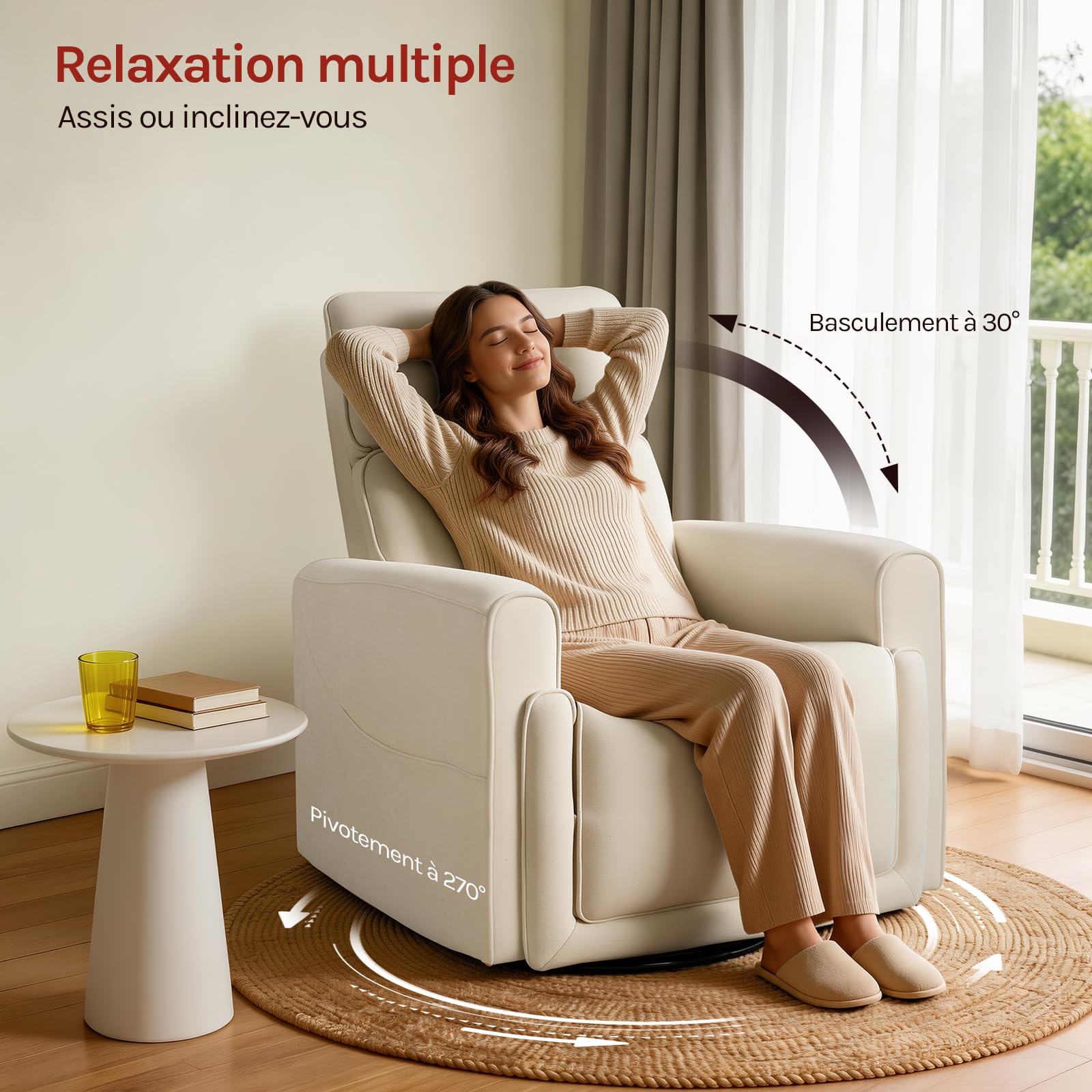 WOLTU Fauteuil de Massage Électrique, Fauteuil TV Relax de Chauffage Inclinable, Pivotant, Berçant, avec Repose-pied, Poches Latérales et Port USB pour Salon, Chambre, Charge 150kg, en Chenille, Beige