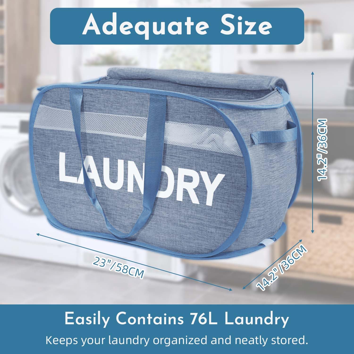 SWIITAEY Collapsible Laundry Basket 2 Pack, Foldable Pop Up Blue Laundry Baskets Mesh with Lid & Handle, Pop Up Collapsible Laundrys Hamper, Fabric Laundrys Baskets for Dorm, Travel, Bathroom