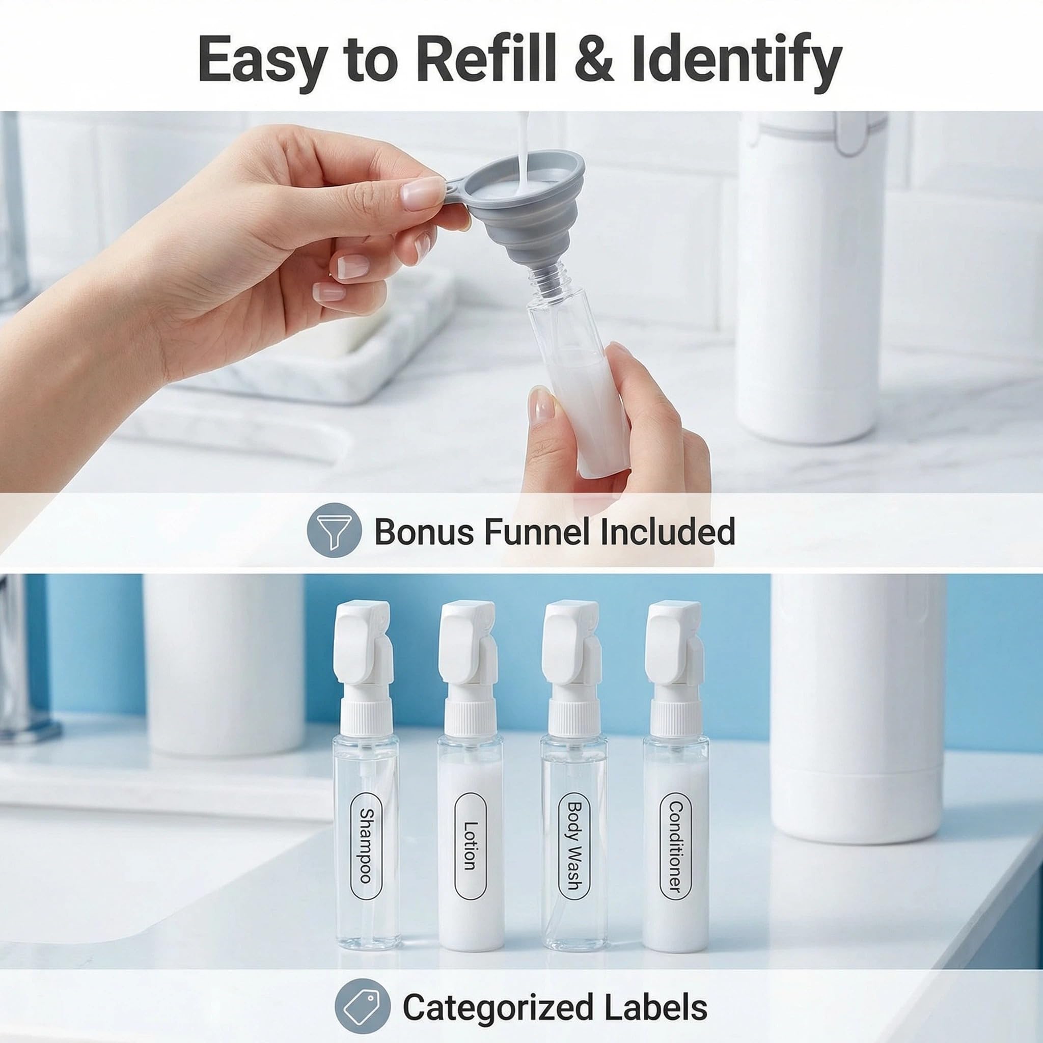 Dispenser da viaggio 4 in 1, ricaricabile, con scala ed etichetta, contenitore portatile a prova di perdite, per shampoo, lozioni, balsamo, crema liquida (verde)