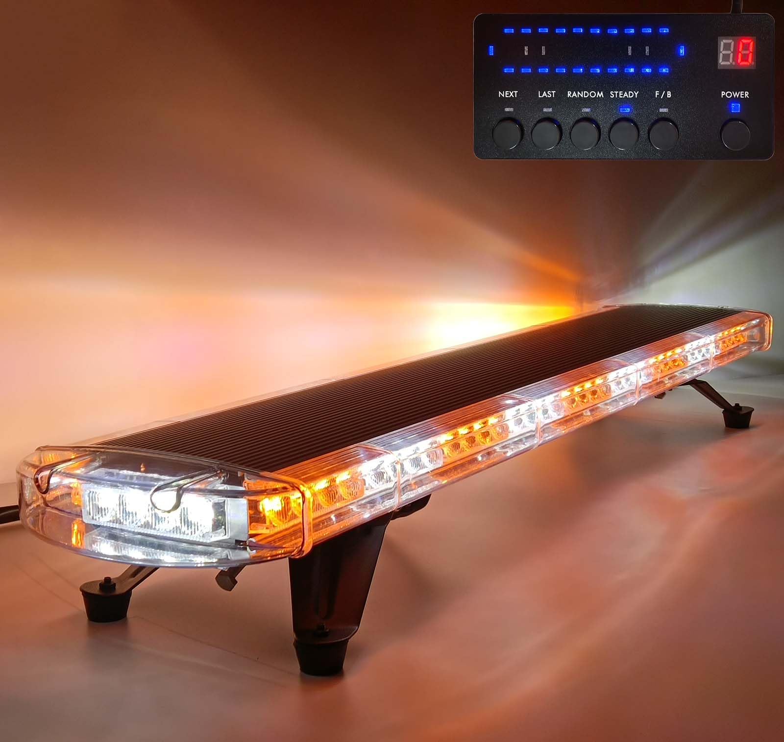 55" Amber White LED Extreme Bright Roof Top Emergency Warning Strobe Lights Bar for Tow Truck Construction Vehicles, Automotive Emergency Strobe Lights, with Controller