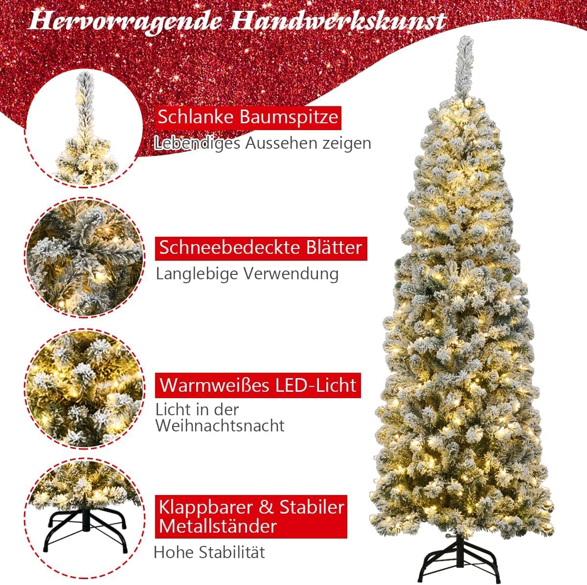 GOPLUS 135/180/225 cm Árbol de Navidad Artificial con Luces LED & Nieve & Soporte de Metal Plegable, Decoración Navideña de Árbol Nevado Esbelto y Flocado (180 cm)