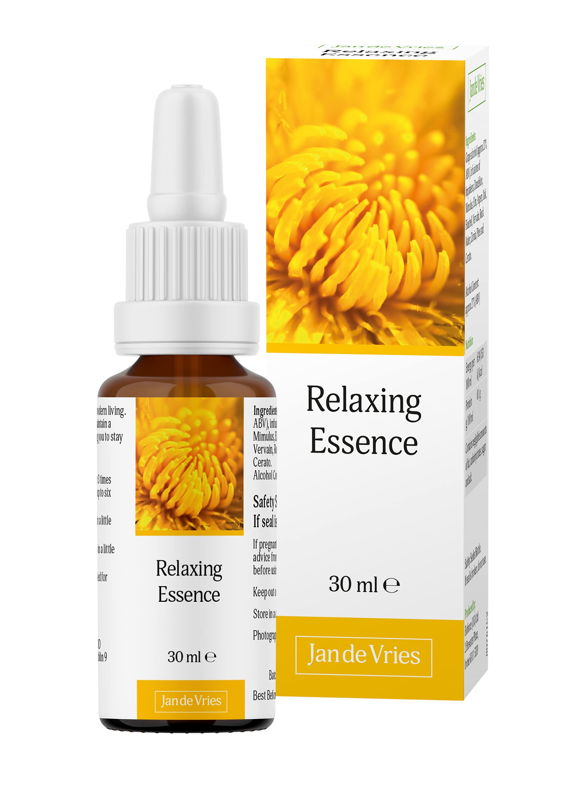 Jan de Vries Relaxing Essence | Flower Essence | Unwind from Everyday Pressures | Contains Dandelion, Mimulus & Elm | 30ml