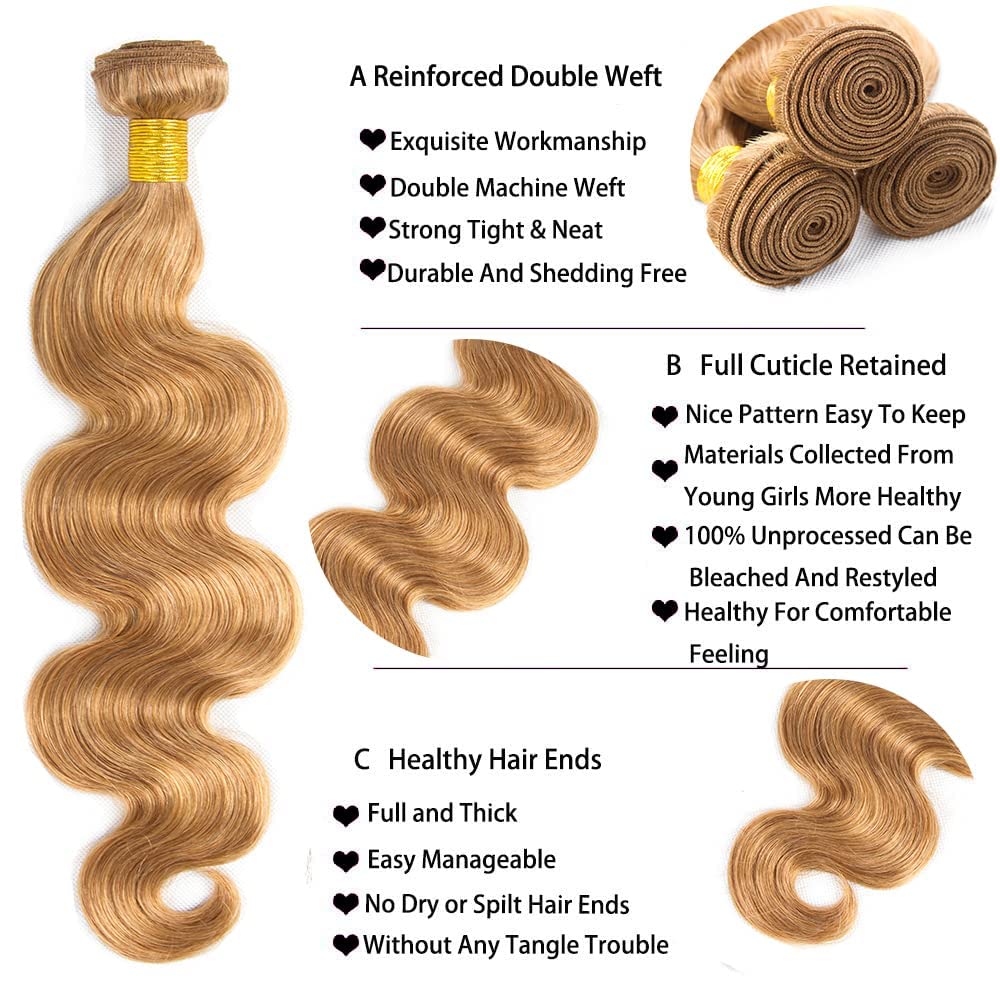 Color #27 Bundles Human Hair Honey Blonde Body Wave Bundles 8 10 12 Inch Unprocessed Brazilian Virgin Hair Double weft Tangle-Free
