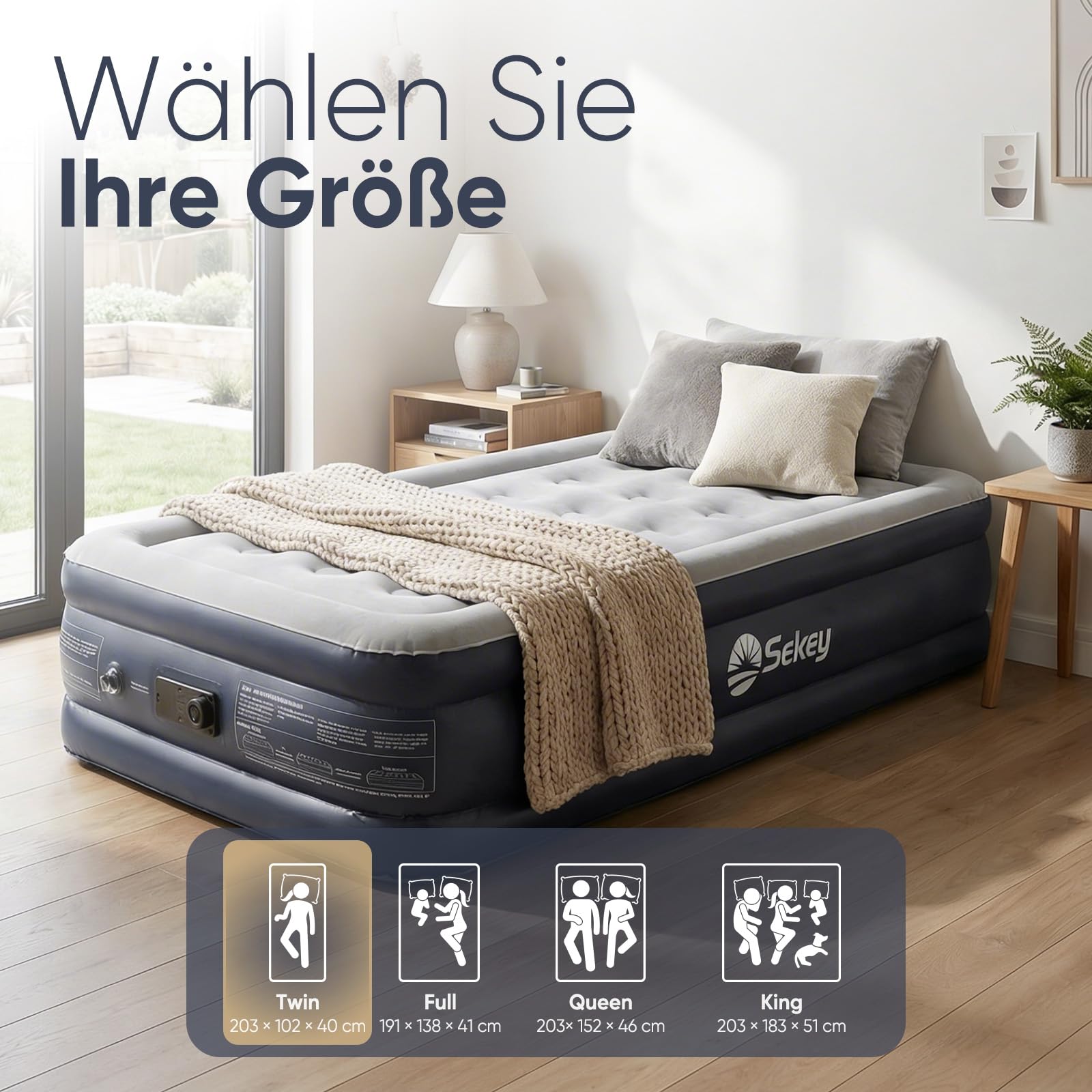 Sekey XXL Luftmatratze selbstaufblasend für 1 Person 203×102×40cm, extra hohes Luftbett Einzelbett mit integrierter Pumpe, angenehm weiche, beflockte Oberfläche, schnell aufblasbar und platzsparend