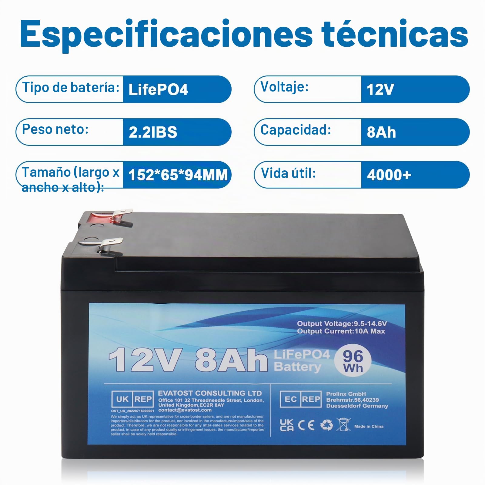 LiFePO4 12V 8Ah Batería recargable Fosfato de hierro y litio con BMS para automóvil para niños, ciclo profundo 4000 para energía solar, sistema de alarma, camping, buscador de peces