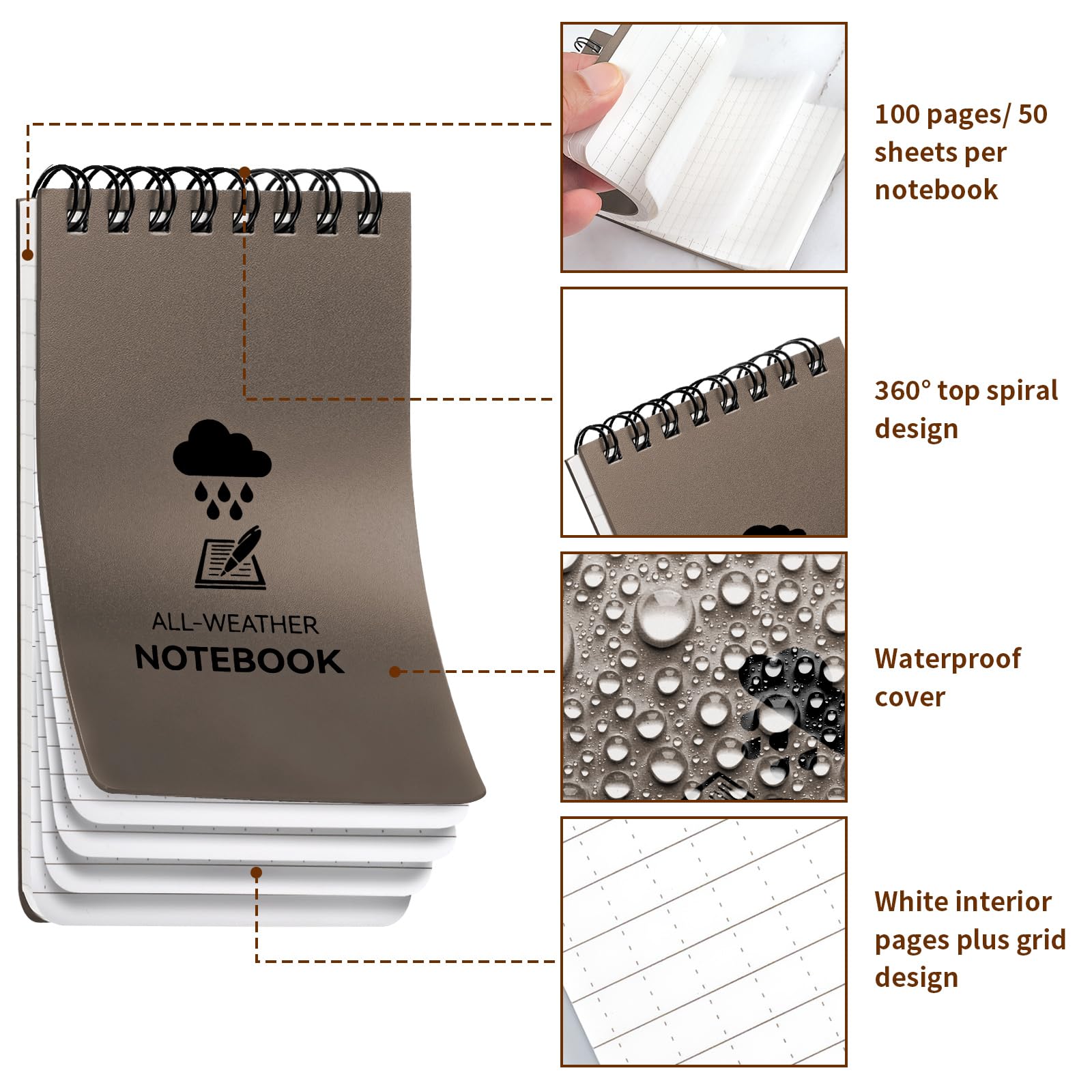 COIDEA Taccuino impermeabile, 3 x 5 tasche, per tutte le stagioni, piccolo taccuino tascabile in carta pietra, mini blocco note a spirale resistente alle intemperie 100 pagine a righe per esterni