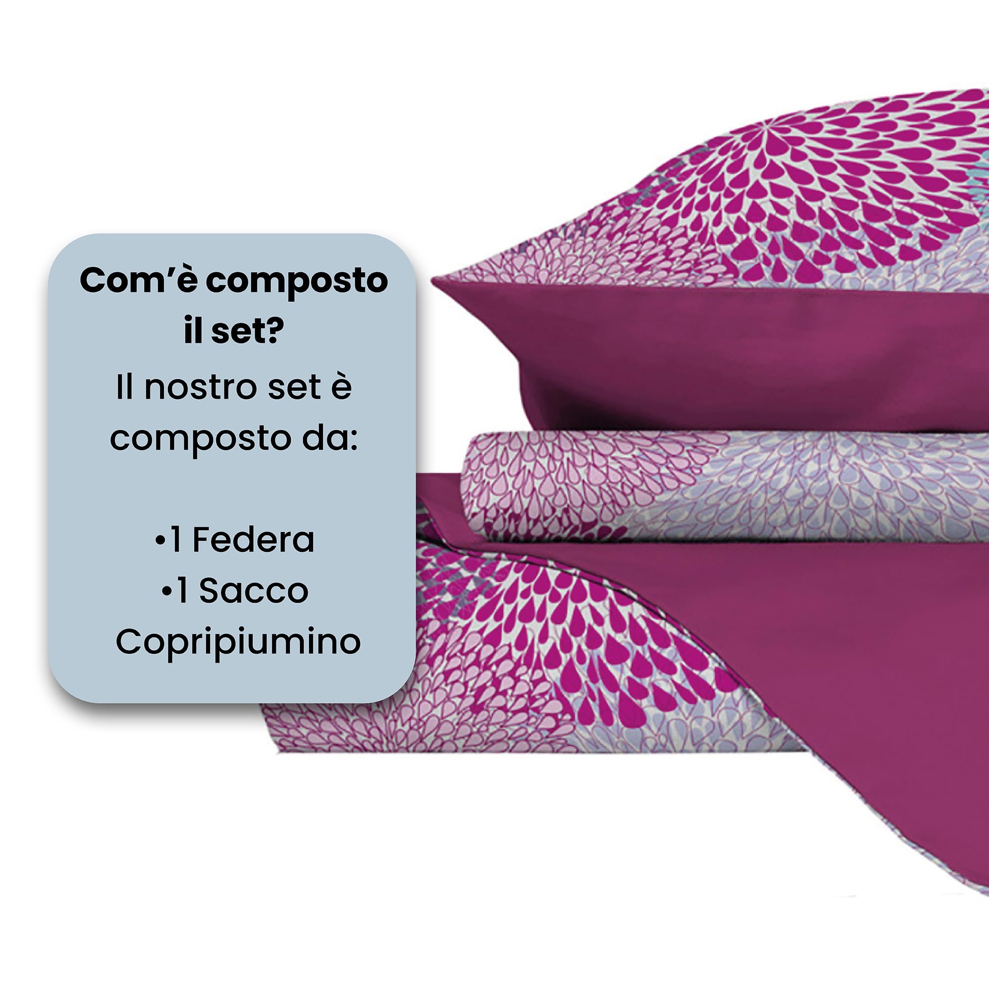 Parure Copripiumino NO STIRO FANTASY - prodotto in Italia - Set Copripiumino - Letto Piazza e Mezza, Microfibra - Sacco 200x200 cm + Patella e Federa 50x80 cm - Soffioni