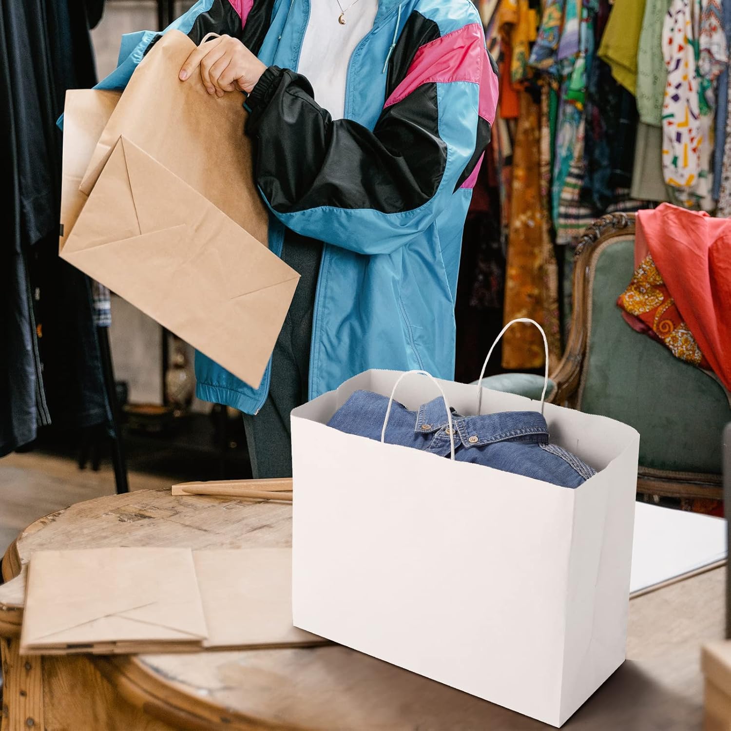 SHOPDAY White Paper Bags with Handles 16x6x12, 25 Pack Large Kraft Paper Bags Bulk, Tote Bag Shopping Bags, Paper Gift Bags, Retail Bag Merchandise Bags for Grocery Business Takeouts - Image 5