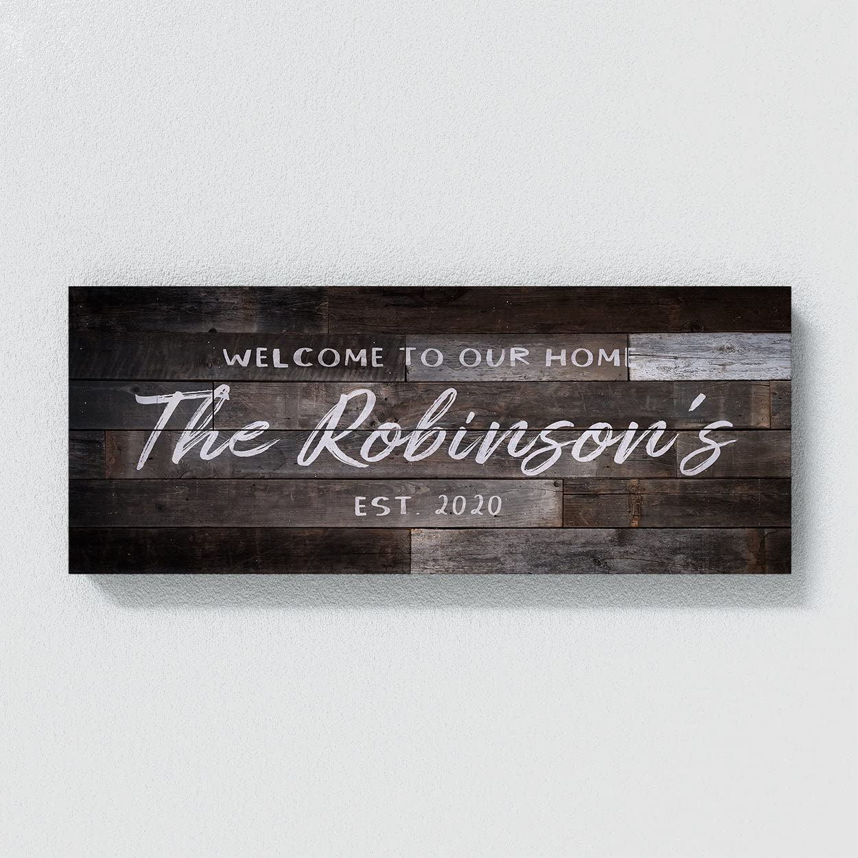Cartel personalizado de madera más oscuro con nombre de la familia de bienvenida al hogar, lienzo con apellido establecido, decoración del hogar, póster de pared, pintura XL 60 x 24 pulgadas, lienzo