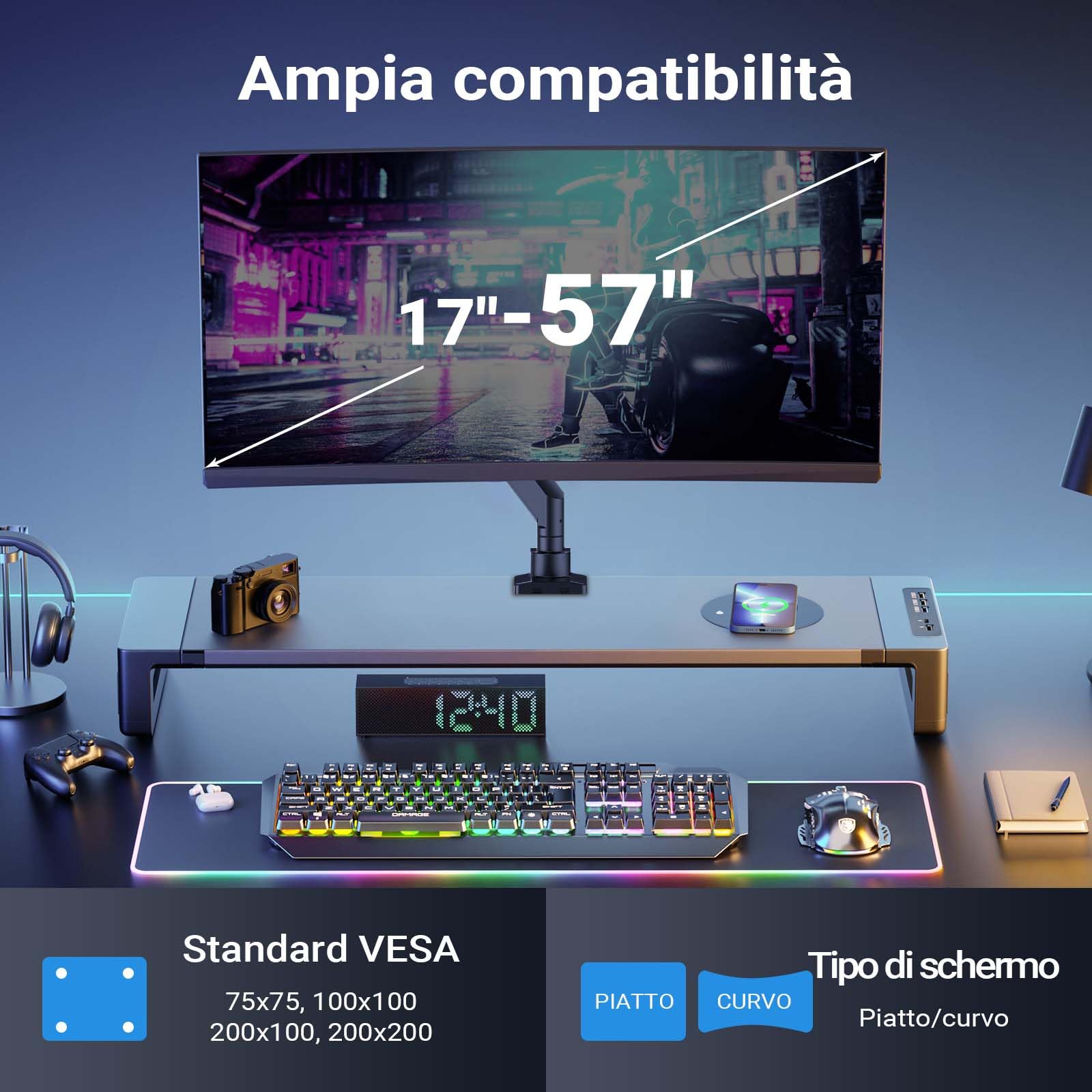 Wiltec Braccio monitor da scrivania Supporto per schermi da 17 a 57" conforme a VESA, con molla a gas