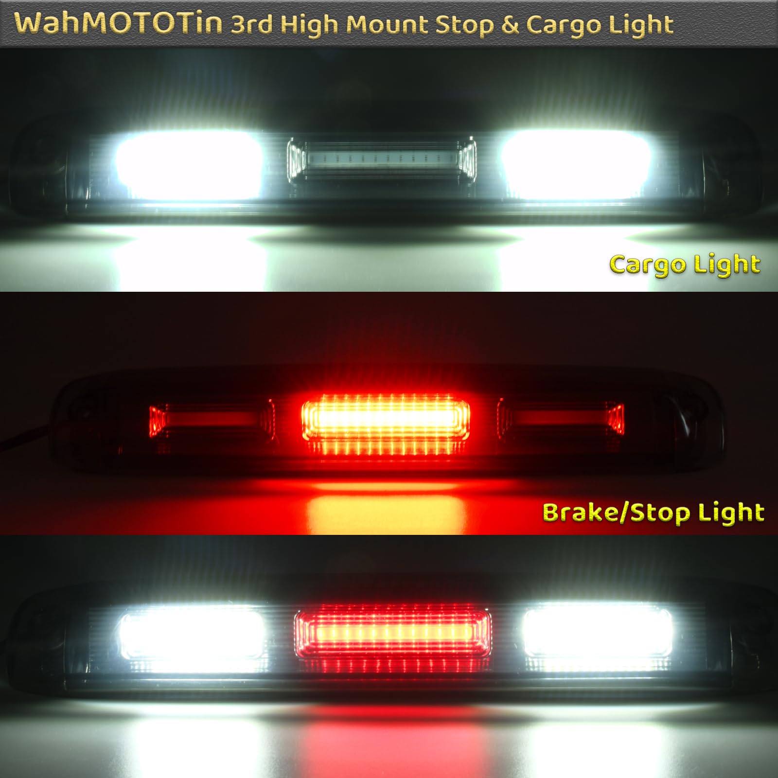 WahMOTOTin LED 3rd Third Brake Light-108 COB LEDs, Light Smoked Lens Compatible with 1999-2007 Chevy Silverado Sierra 1500/2500/3500 HD, Rear Cab Center Brake/Tail/Cargo Lamp Assembly w/Plug-N-Play