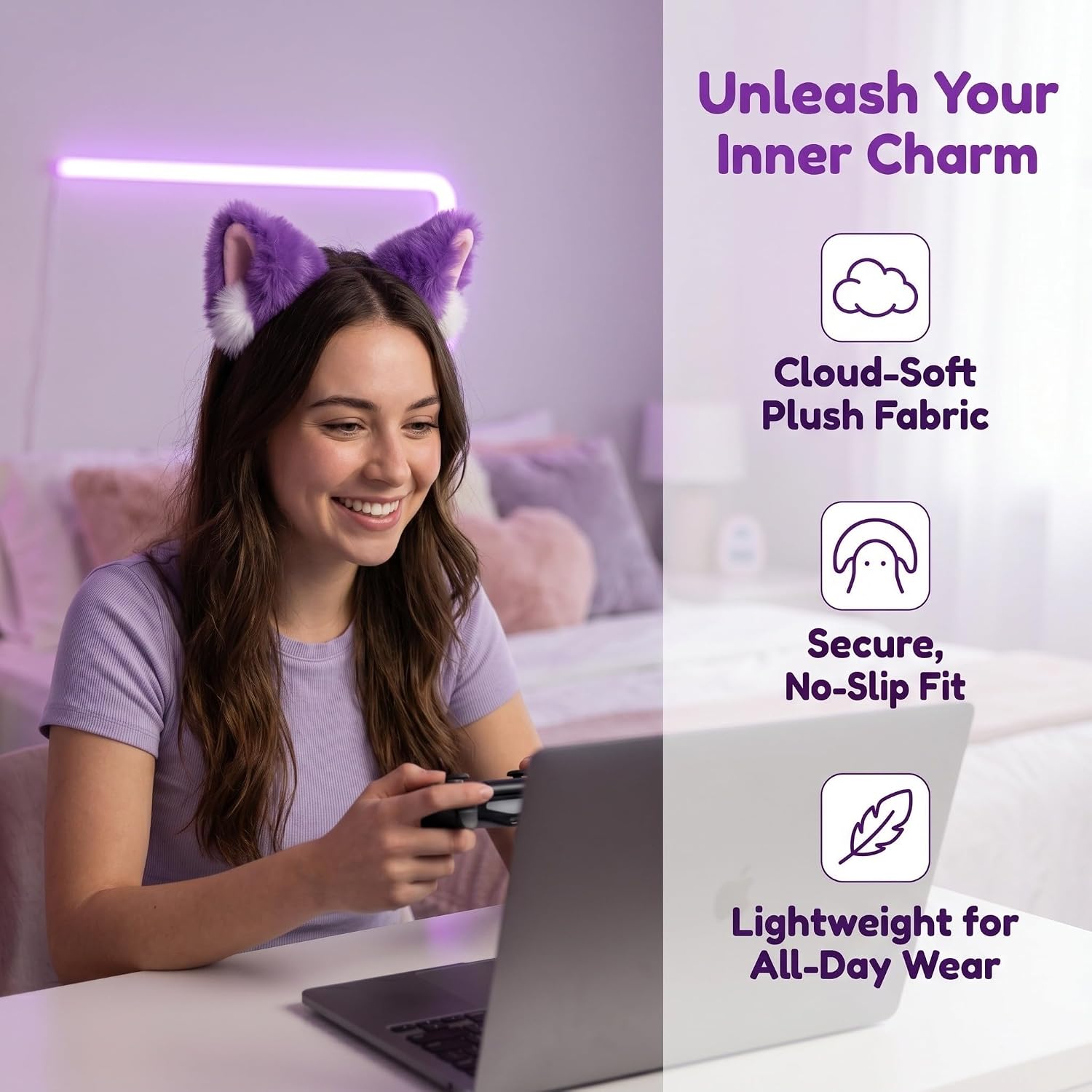 ULTECHNOVO Furry Animal Ears Headband Plush Faux Fur Cat Ears, Purple Cloth and Plastic Material, Easy to Wear and Remove, for Halloween Costume Accessory and Cosplay Gatherings