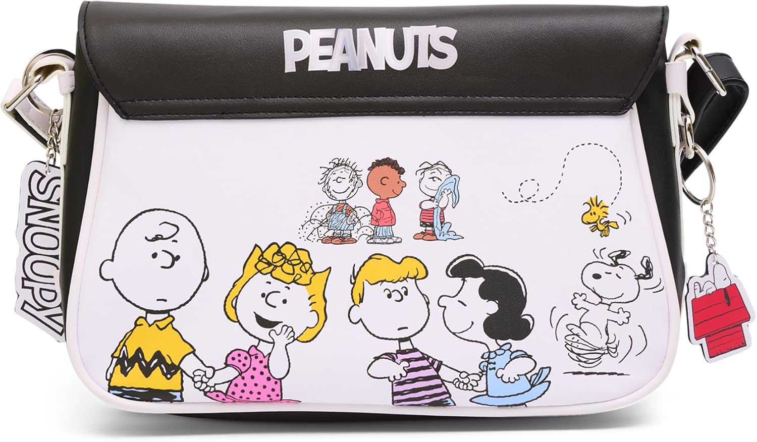 Peanuts Bag, Fold Over Crossbody, Peanuts Woodstock and Snoopy Goodness and Grief Pose Black, Vegan Leather