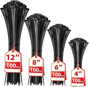 Cable Zip Ties,400 Pack Black Assorted Sizes 12+8+6+4 Inch,Multi-Purpose Self-Locking Nylon Cable Cord Management,Plastic Wire Ties for Home,Office,Garden,Workshop. By HAVE ME TD