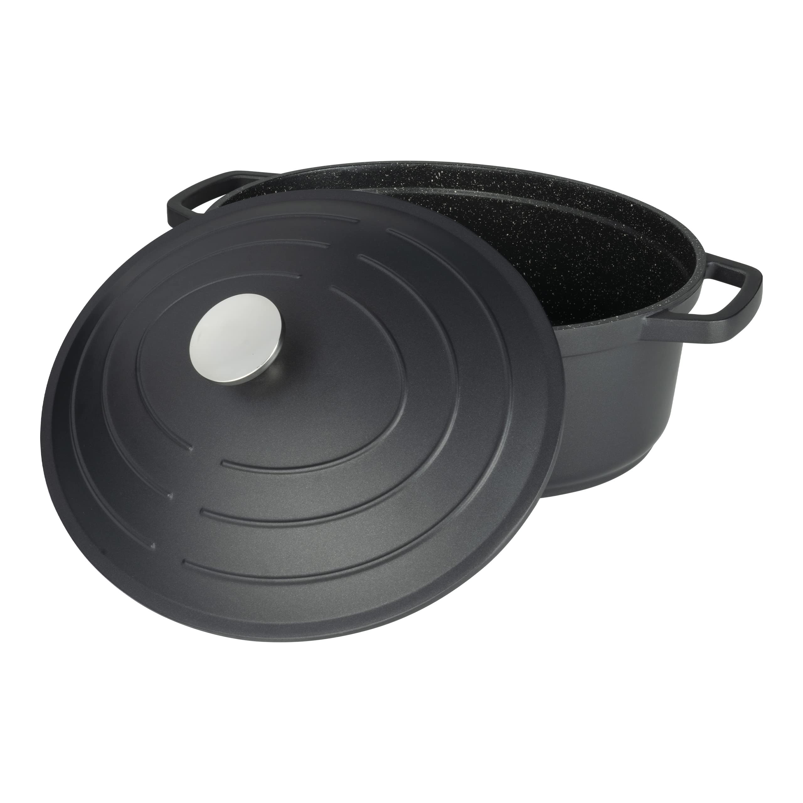 Cacerola Ovalada, Cazuela, Negra, Aluminio Fundido, 32cm Diámetro, Capacidad de 5,8 Litros, Con Tapa, Apta Para Hornos y Placas de Cocción, XO-632BK