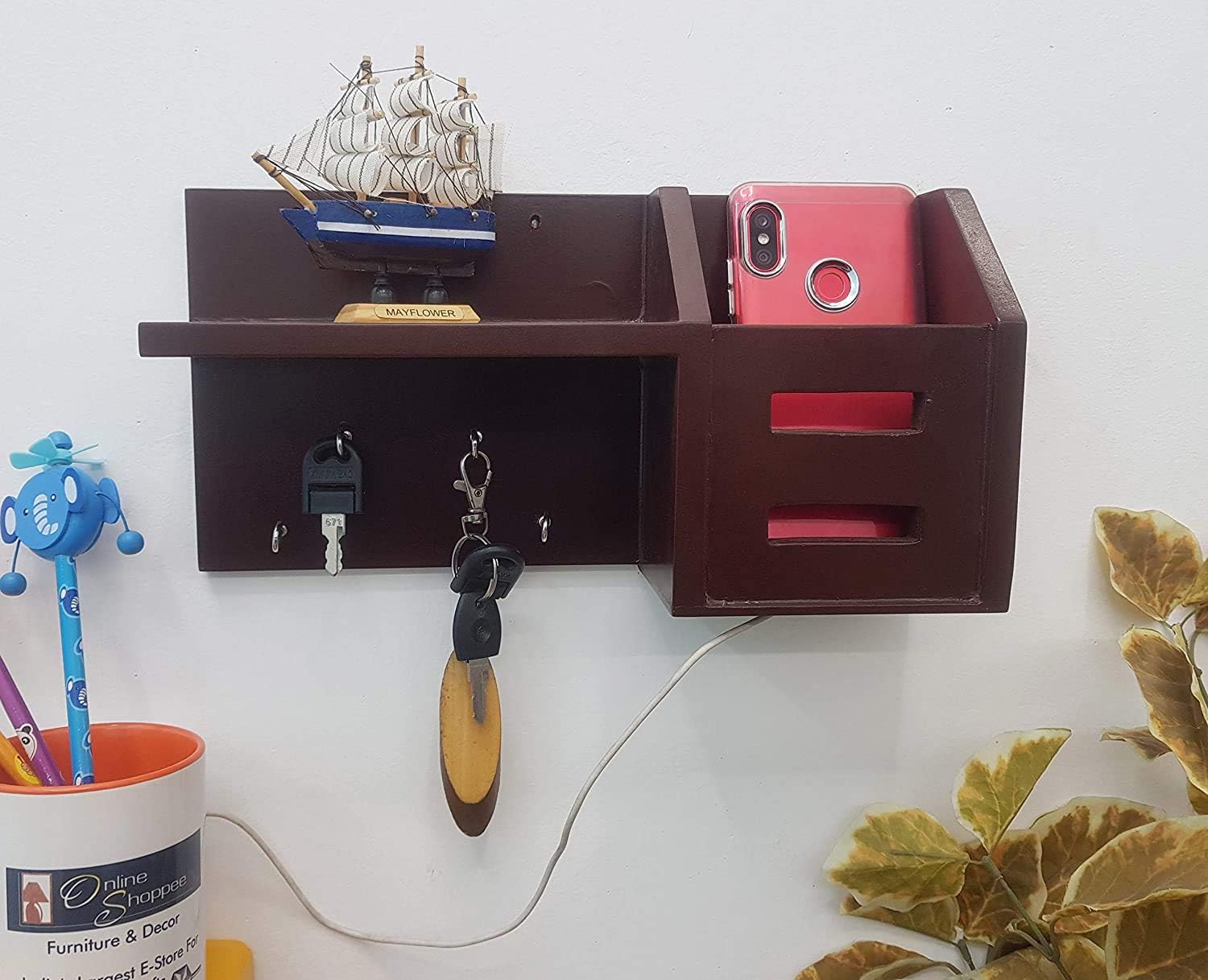Onlineshoppee Wooden Key Holder Pocket with Shelf - (Brown), Pack of 1