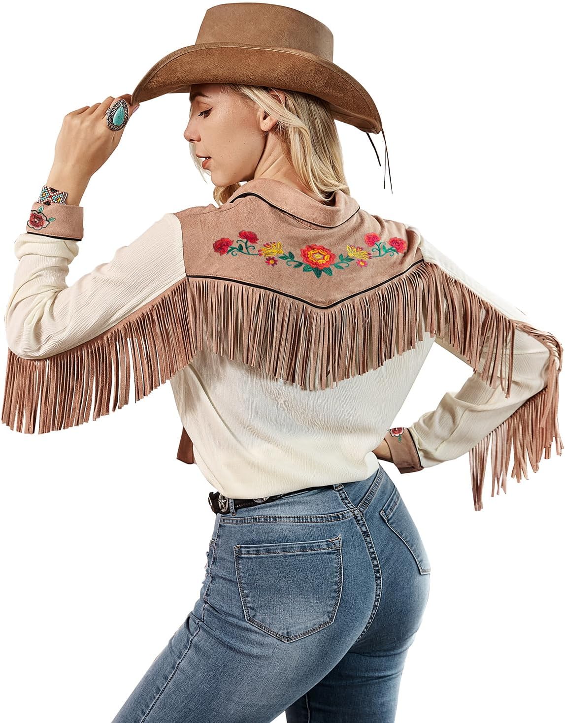 JOHN MOON Womens Fringe Western Long Sleeve Shirts Floral Embroidered Cowgirl Button Down Shacket Blouse Country Rodeo Outfit - Image 2