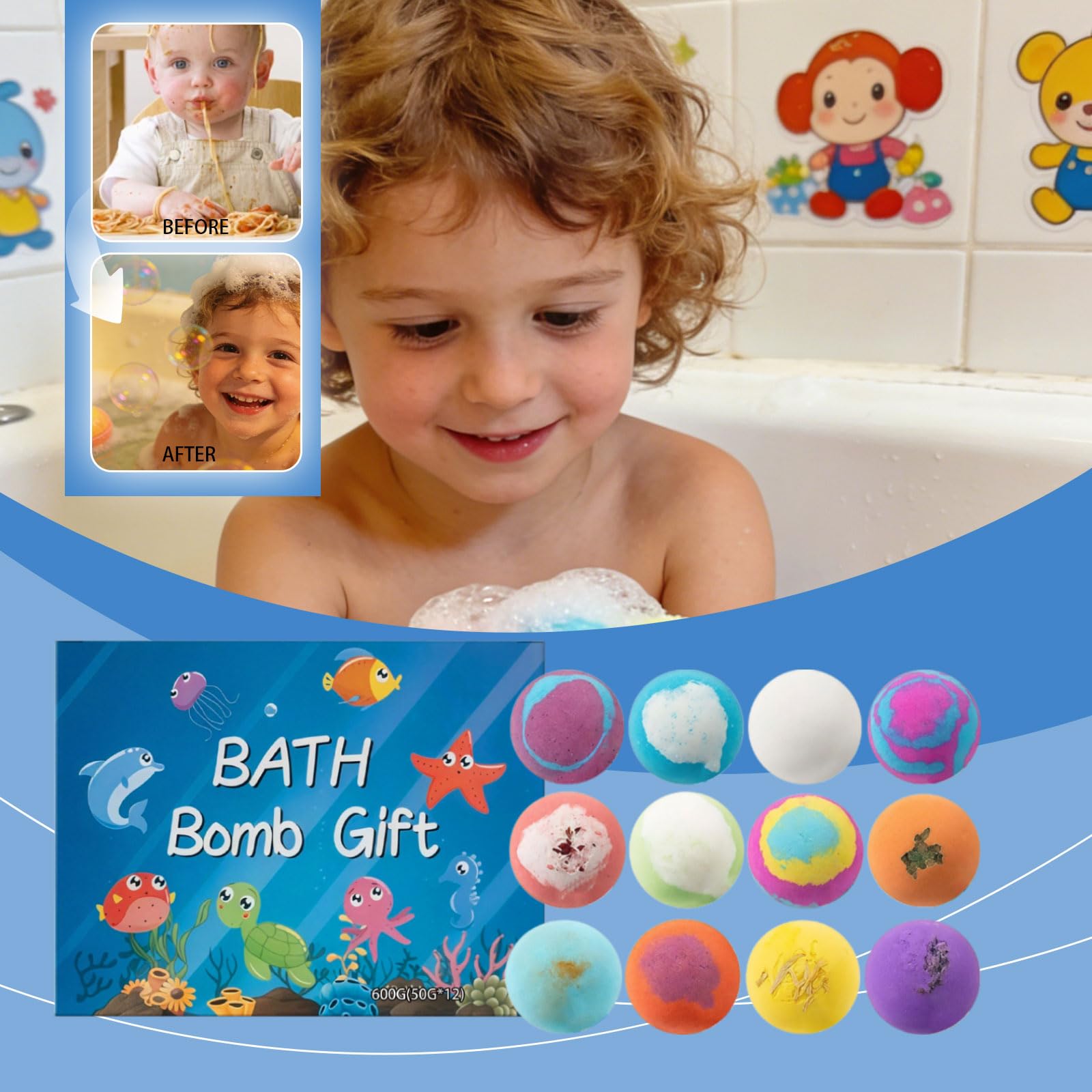 Bomby kąpielowe z motywem oceanu, kule kąpielowe z niespodzianką, z zabawkami wewnątrz, bogata pianka, przyjazne dla skóry, idealne jako prezent wielkanocny lub urodzinowy (6 szt.)