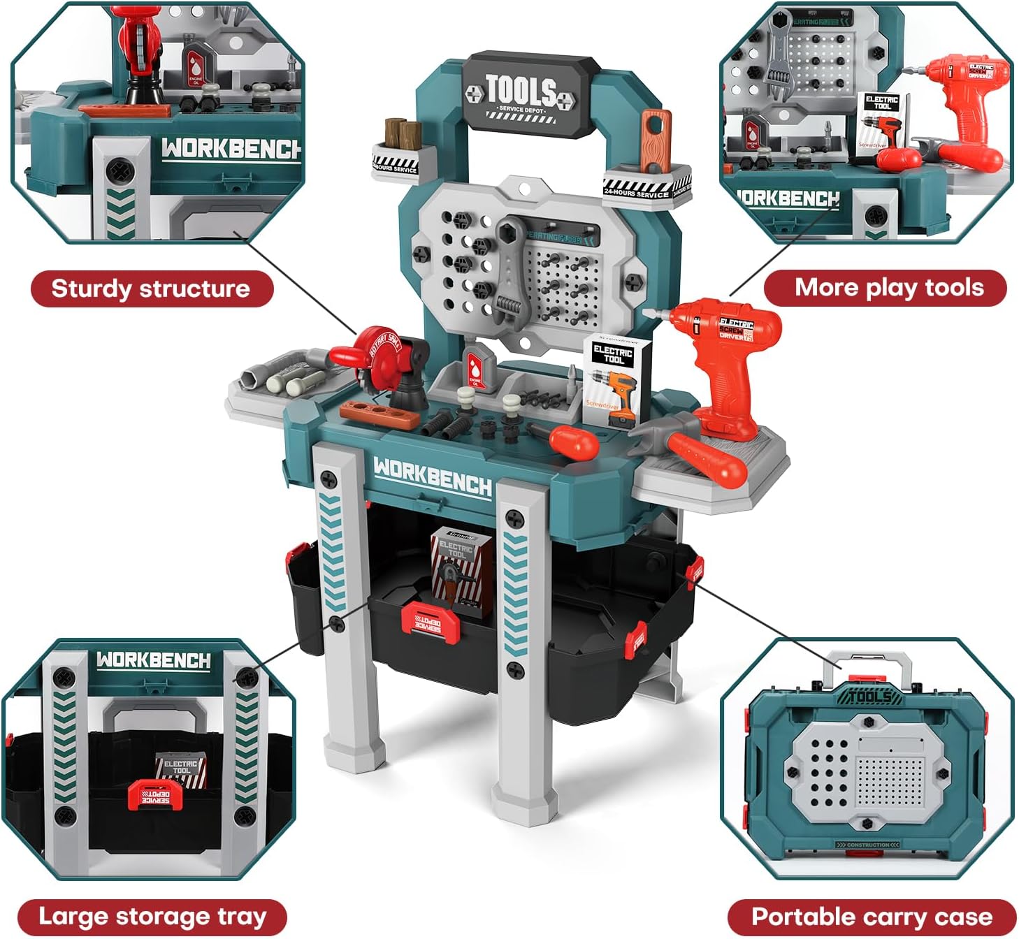 Kids Tool Bench Set with Electric Drill and Realistic Tool, Play Kids Workbench Toy, Construction Workbench Playset Toy for Toddler 3-5, Easy Set up, Boys and Girls Toys, Green, Large Size