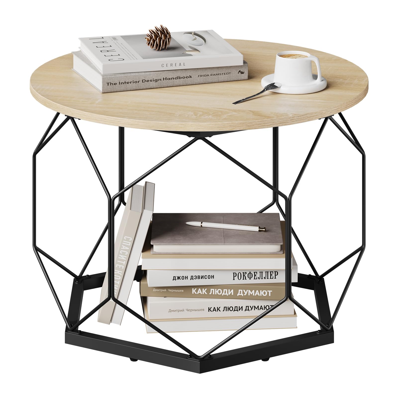 Table basse ronde WOLTU chêne clair et métal au design industriel épuré