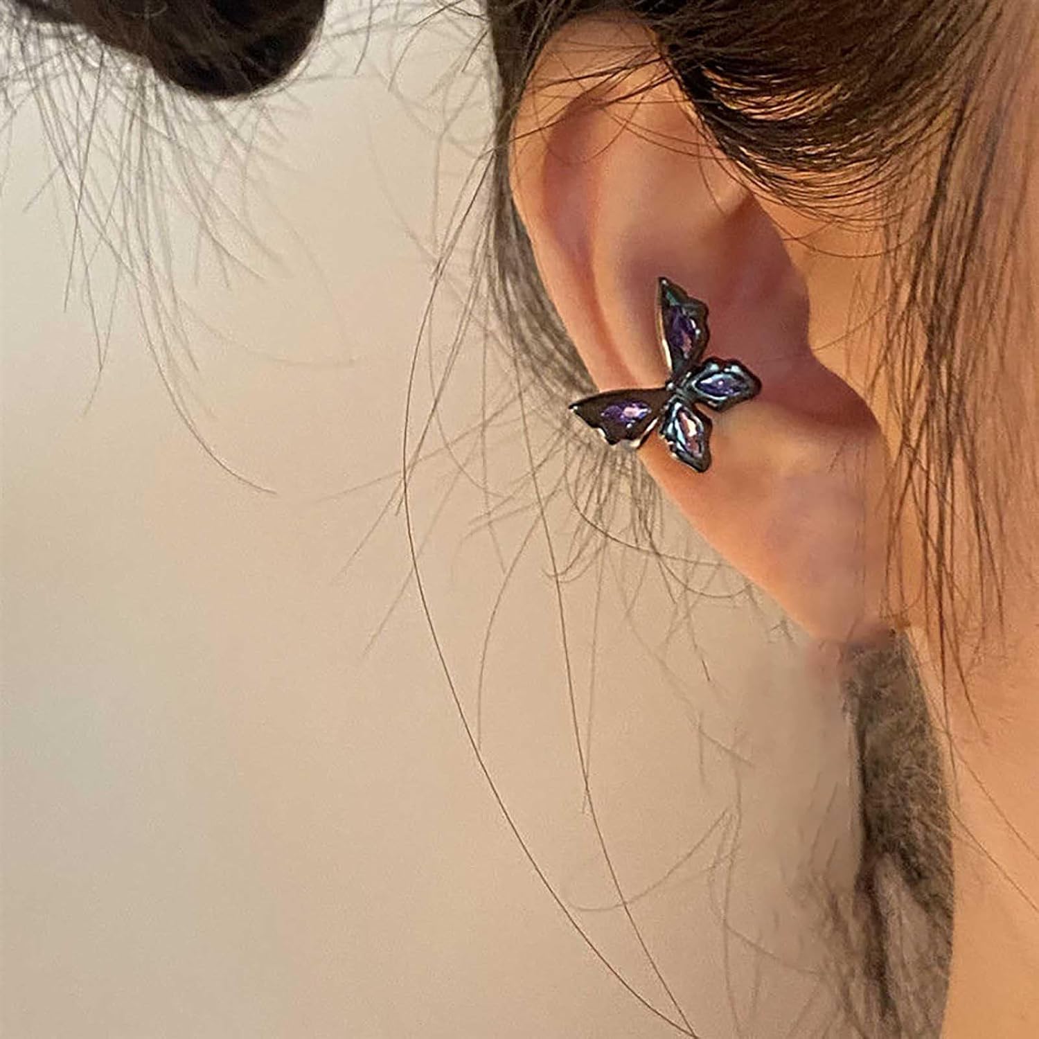 Boho Crystal Butterfly Ear Cuff Earrings Black Butterfly Cuff Wrap Earrings Amethyst Butterfly Earrings Butterfly Wing Cartilage Cuff Earrings Purple Rhinestone Butterfly Earrings Jewelry - Image 5