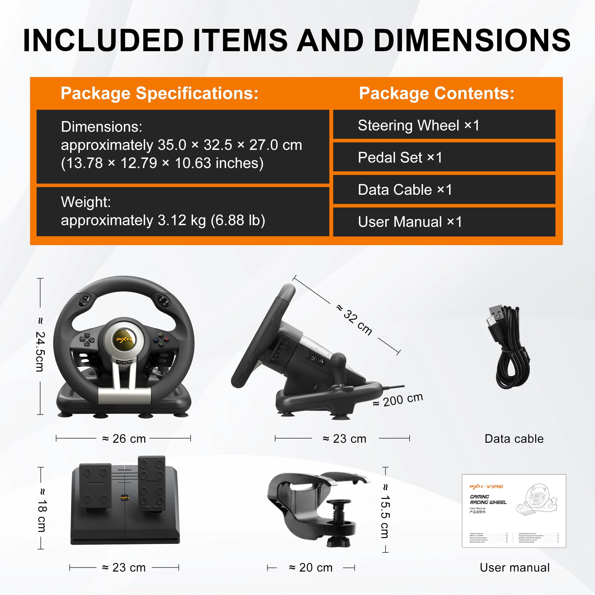 PXN V3 Pro Racing Wheel, 180 Degree Universal USB Car Sim Race Steering Wheel with Pedals for PS3, PS4, Xbox One, Xbox Series X|S, Switch - Negro
