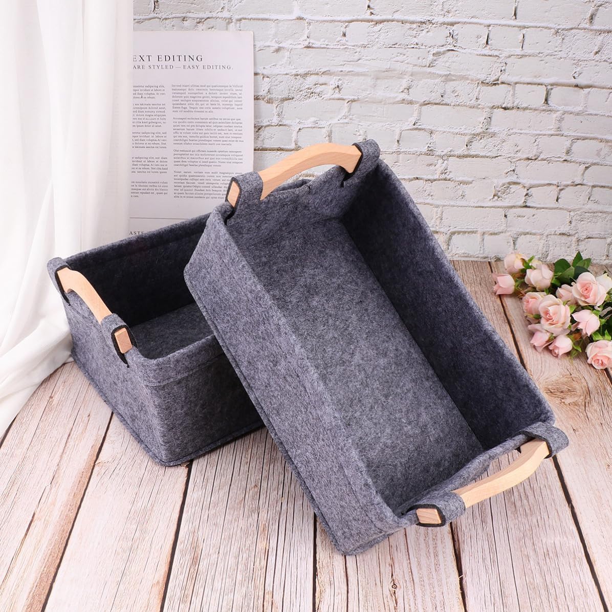 Felt Storage Basket with Wood Handle 2pcs for Home Office Desk