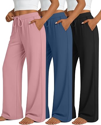 Locoowai 3 Pack Womens Wide Leg Lounge Pants with Drawstring