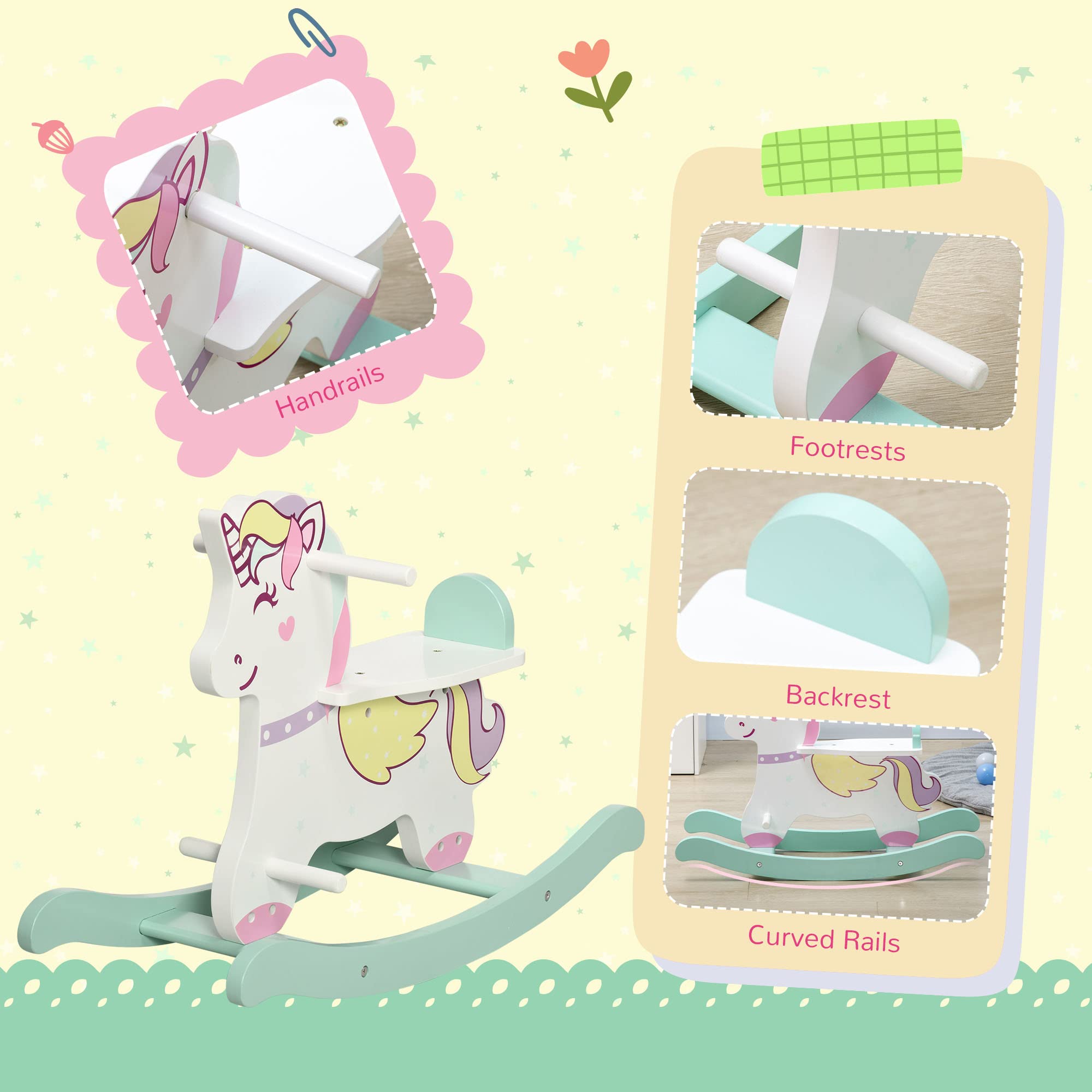 HOMCOM Caballo balancín para niños de 1 a 3 años, caballito balancín con asas, respaldo y pedales de MDF, 68 x 27 x 47,5 cm, azul, rosa y blanco