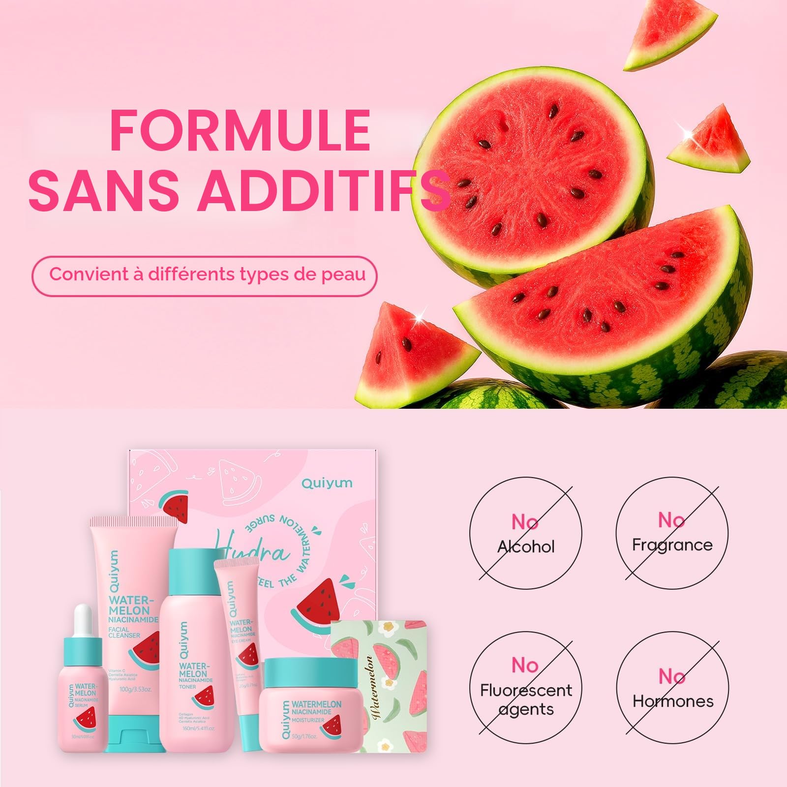 QUIYUM Coffret Soins Visage Pastèque et Niacinamide, Coffret Cadeau pour Adolescents et Femmes, Skincare Routine Hydratant Glow Up, Nettoyant, Tonique, Crème Contour des Yeux, Crème et Sérum