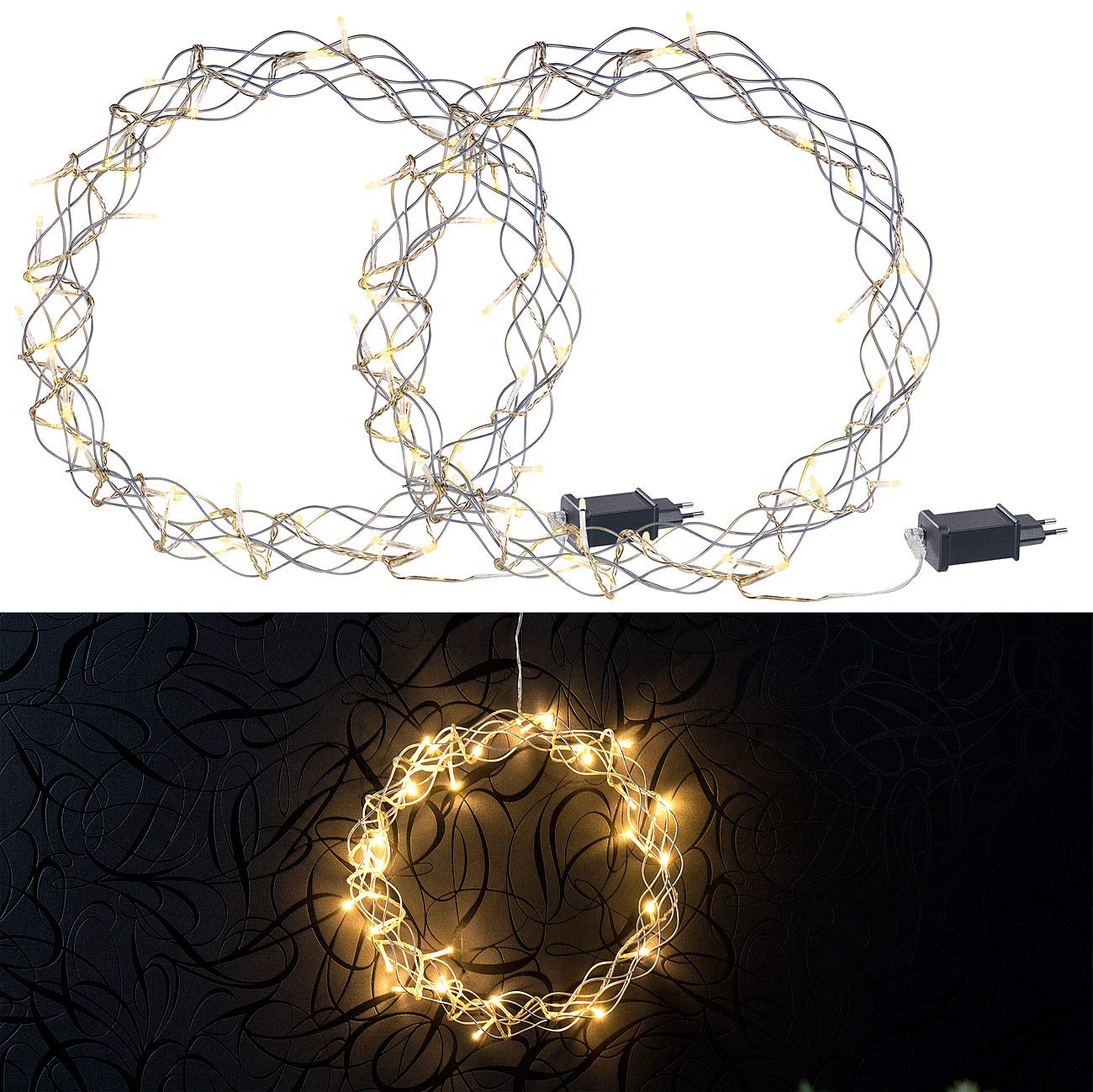 Lunartec Lichtkranz Weihnachten: 2er-Set LED-Lichterkränze für Fenster, Türen u.v.m., 32 warmweiße LEDs (Fensterbeleuchtung innen Strom, Fensterbeleuchtung Weihnachten, Kranz)