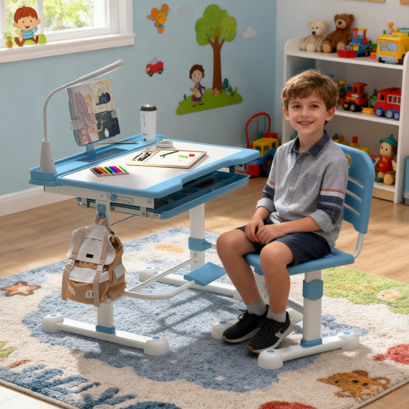 YLGJ&TIDY Ensemble de Table et de Chaises pour Enfants avec Lampe LED de Protection des Yeux, Bureau Enfant, Hauteur Réglable, Plateau Inclinable, Tiroir Multifonctions, Porte-Gobelet, Bleue