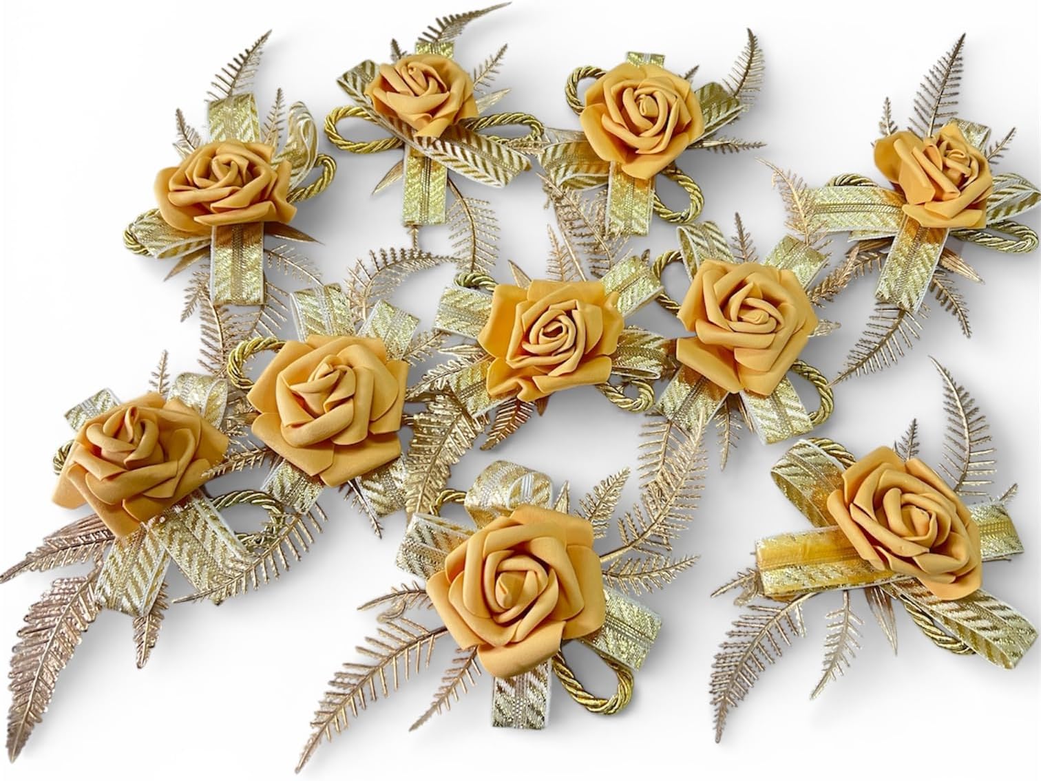Artificial Pink Foam Rose Flowers with Gold Leaves and Ribbon Bows for Wedding, Gift Wrapping & DIY Crafts – 10 Pieces (Golden)