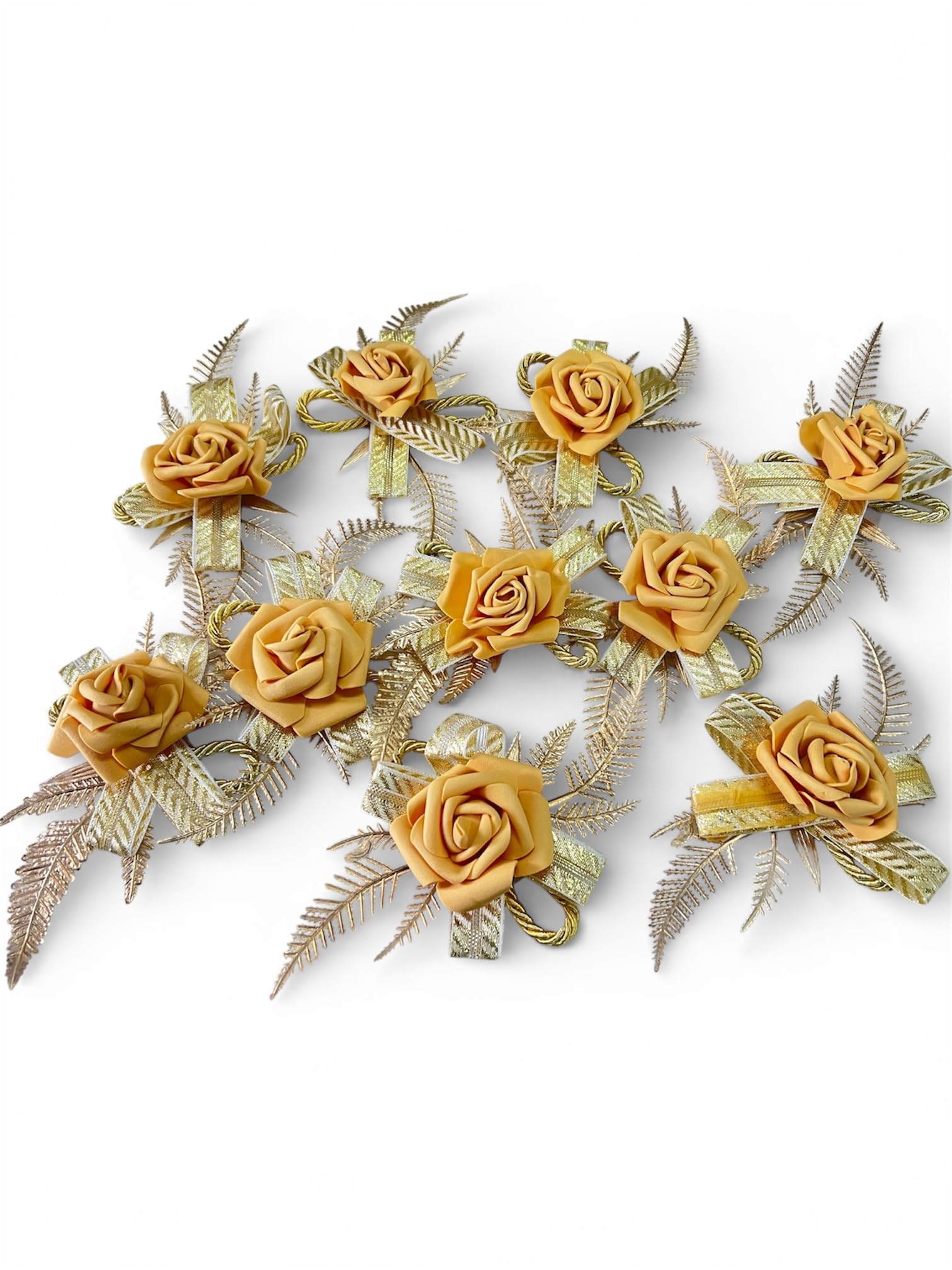 Artificial Pink Foam Rose Flowers with Gold Leaves and Ribbon Bows for Wedding, Gift Wrapping & DIY Crafts – 10 Pieces (Golden)