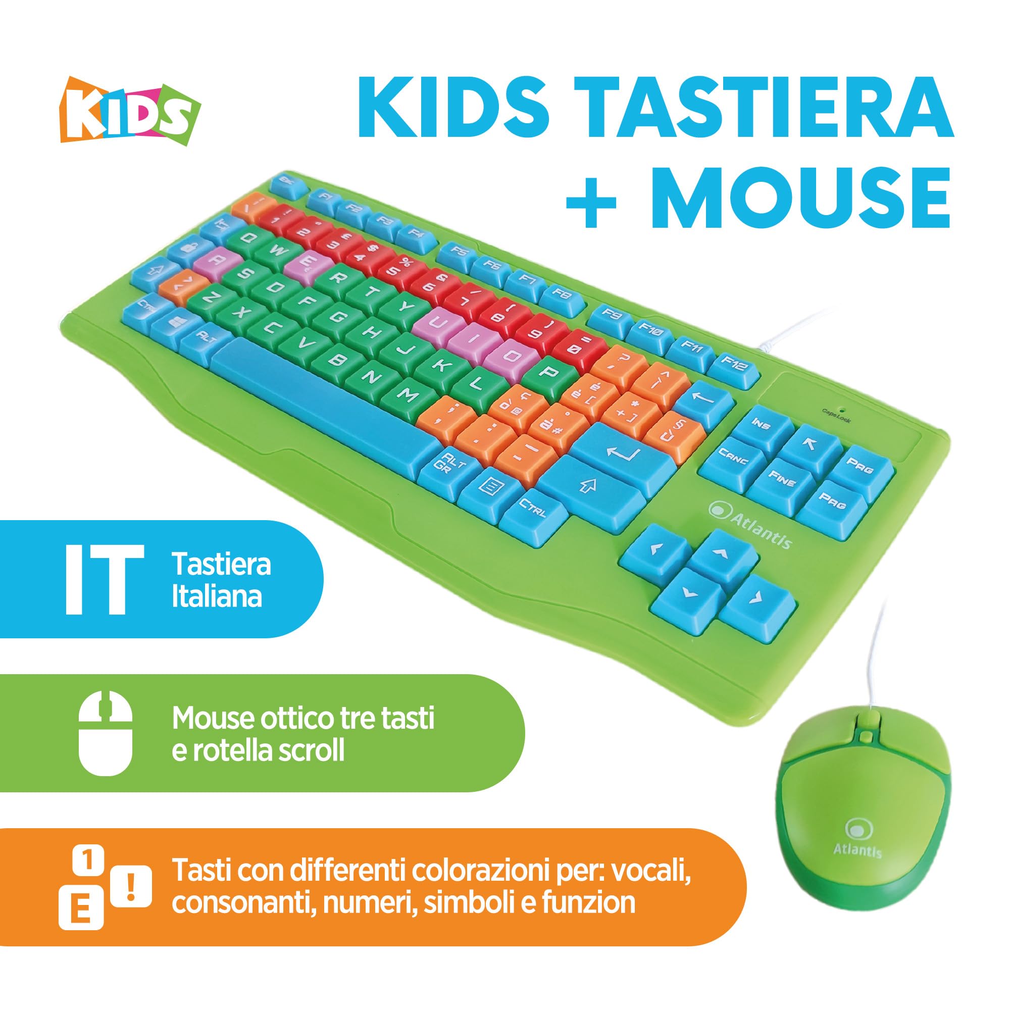 Atlantis Kids Keyboard + Mouse, Kit Tastiera Italiana QWERTY e Mouse USB fino a 1600Dpi con tasti grandi, morbidi, colorati, caratteri ingranditi
