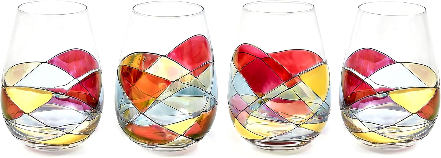 Stemless Wine Glasses Set 4 Sagrada Barcelona Hand Painted