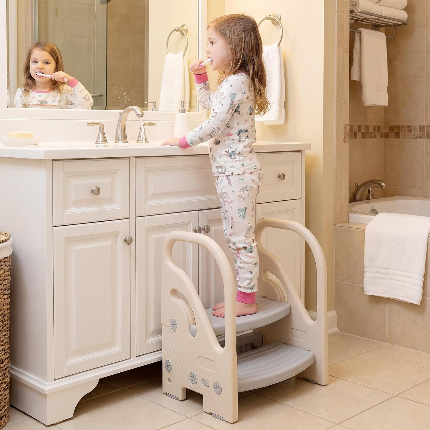 Costzon Toddler Step Stool for Bathroom Sink, Adjustable 2-Step Kids Helper Stool with Safety Handles & Non-Slip Pads, Convertible Plastic Ladder for Bedroom Kitchen Counter Potty Training, Grey