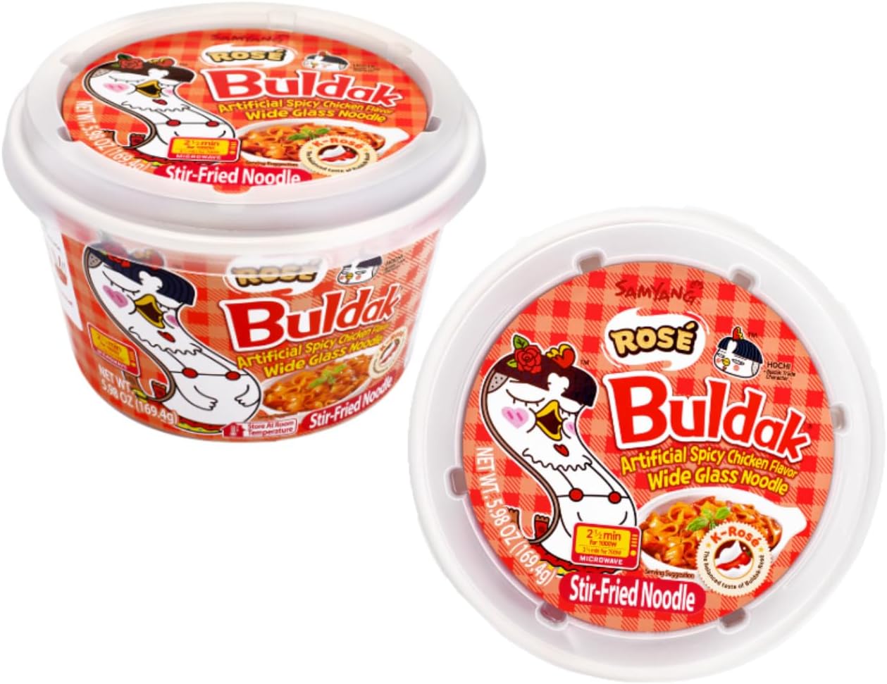Spicy Buldak Rose Wide Flat Glass Noodle Bowl(169.4g) + Protein Puffs(50g) Assorted Challenge Box (Rose 2EA)