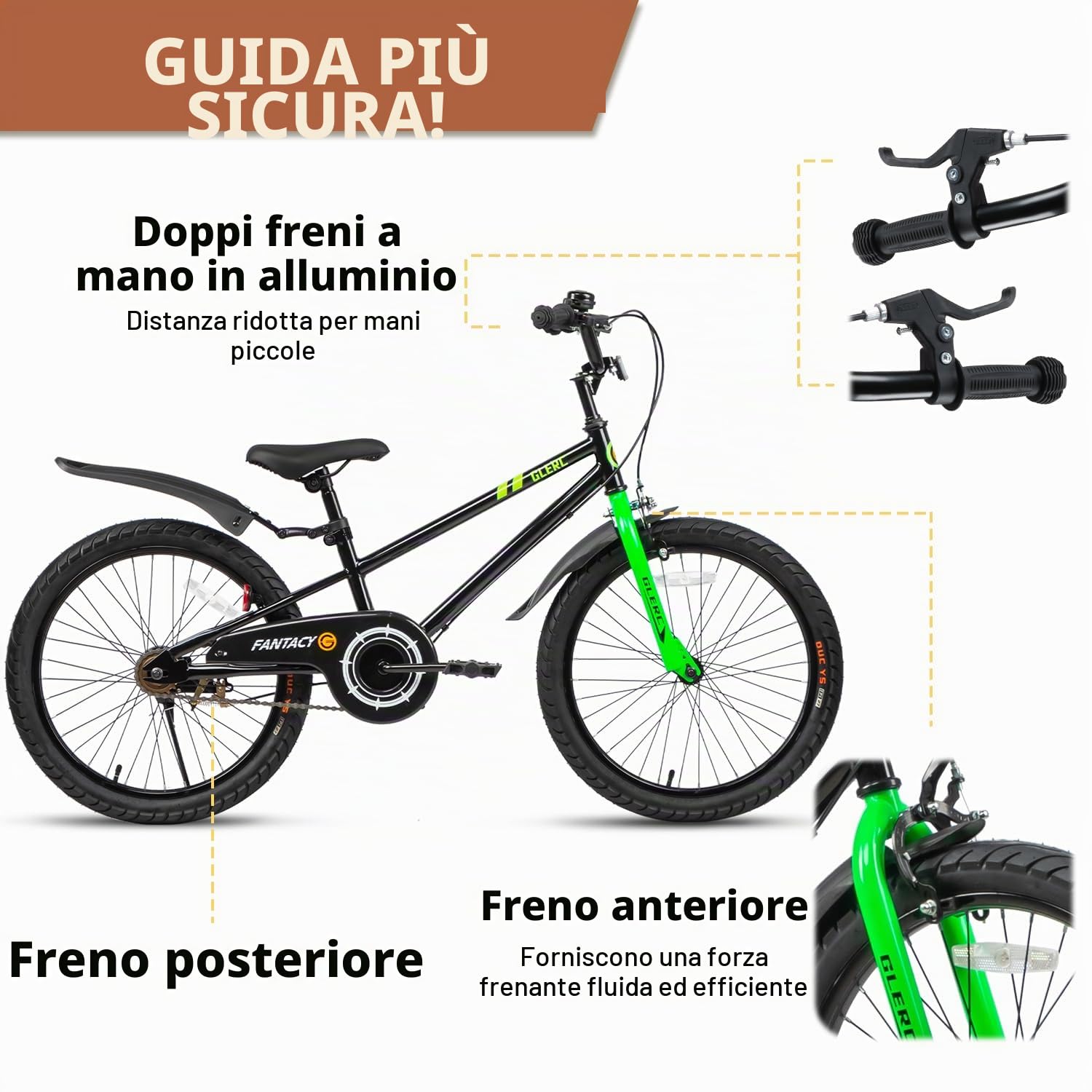 Glerc Fantacy 12 14 16 18 20 pollici Bicicletta per bambini da 2 a 14 anni con luci e cavalletto per regalo di compleanno, vari colori
