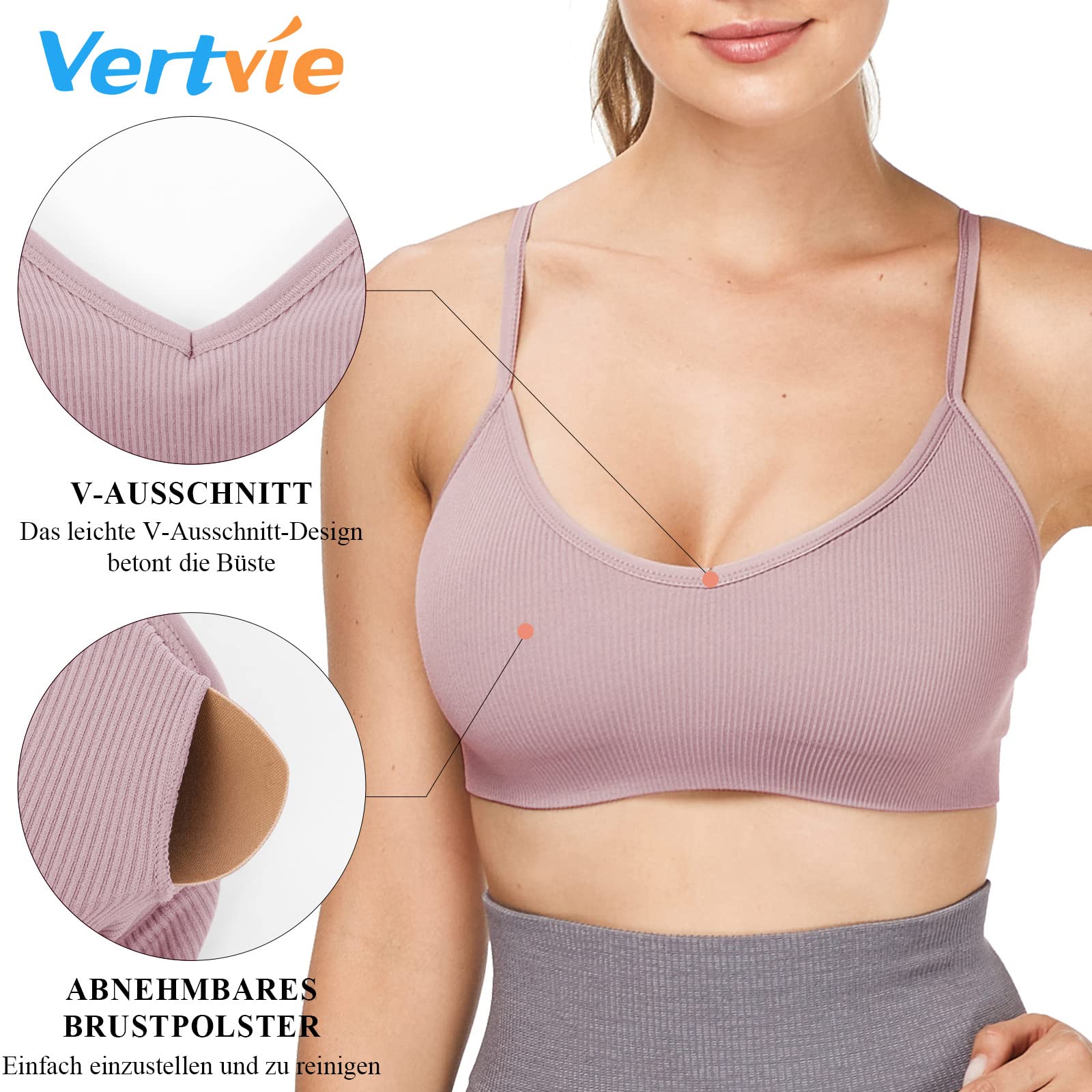 Vertvie Damen 2/3/4er Set Basic Wohlfühl BH Sport BH Spaghettiträger Bralette ohne Bügel Nahtlose Gepolsterte mit Spaghetti Bra Top Low Support Bra