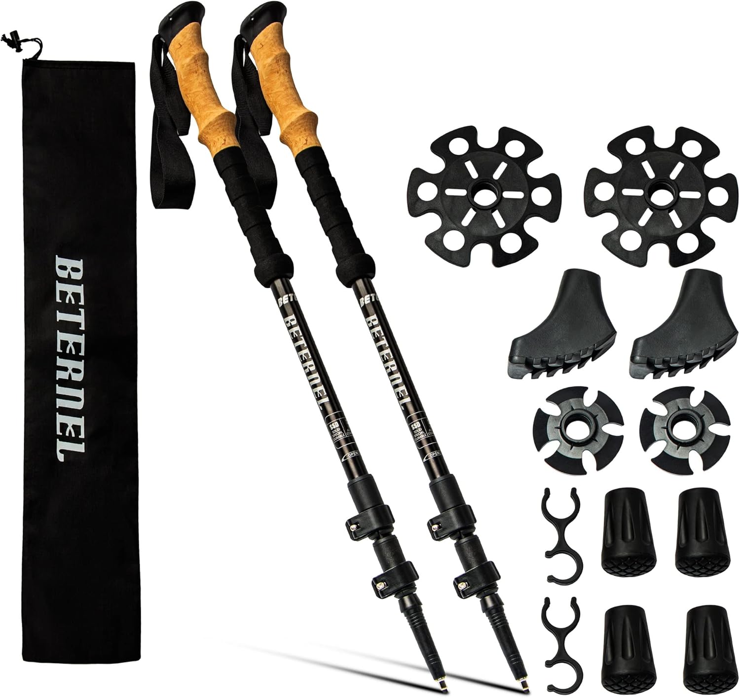 Hiking and Walking Poles- Pair of 2 Walking Sticks- Beternel Ultra Strong Streking – Lightweight Collapsible Hiking Poles -Adjustable Hiking Poles -7075 Aluminum with Cork Grip-Ski Sticks