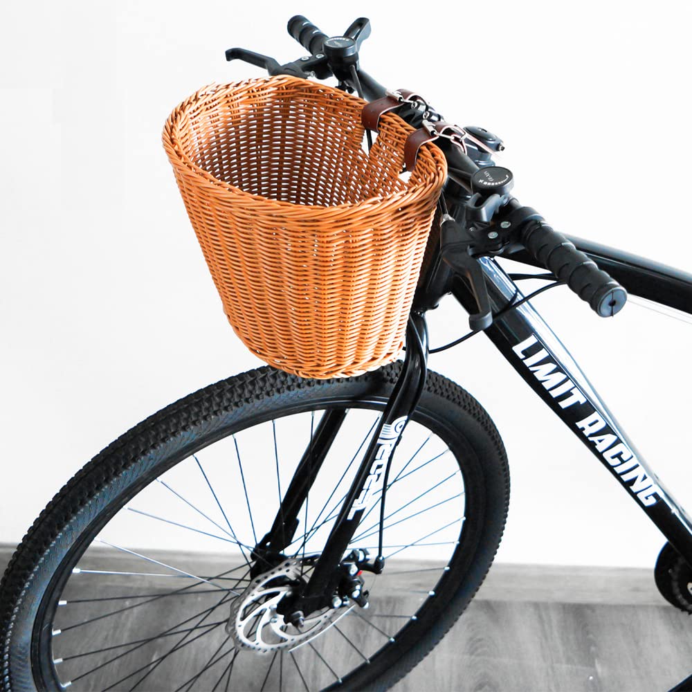 Cestino per bicicletta in plastica intrecciata con 2 cinghie regolabili in pelle, cestino portaoggetti per manubrio anteriore intrecciato a mano, accessorio per bicicletta per bambini e adulti