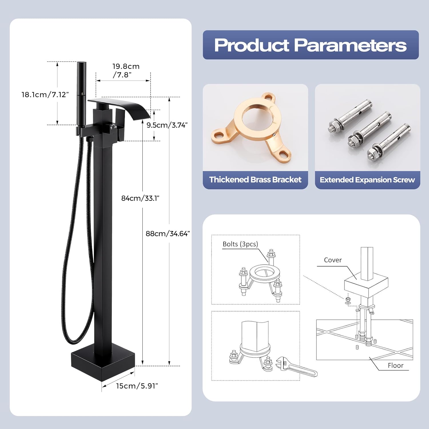 Waterfall Freestanding Bathtub Faucet, Floor Mount Bathroom Tub Filler Shower Faucets with Handheld Sprayer, Matte Black - Image 5