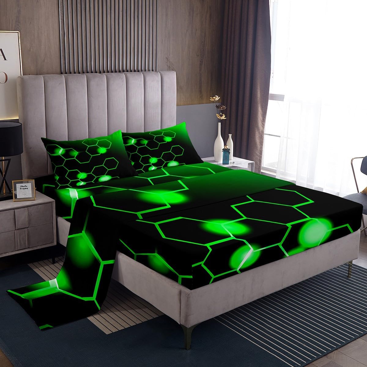 Feelyou Blue and Black Bed Sheets Set Full Size Honeycomb Geometrical Sheets with Deep Pocket Fitted Sheet Beehive Pattern Blue Bedding Set Bedroom