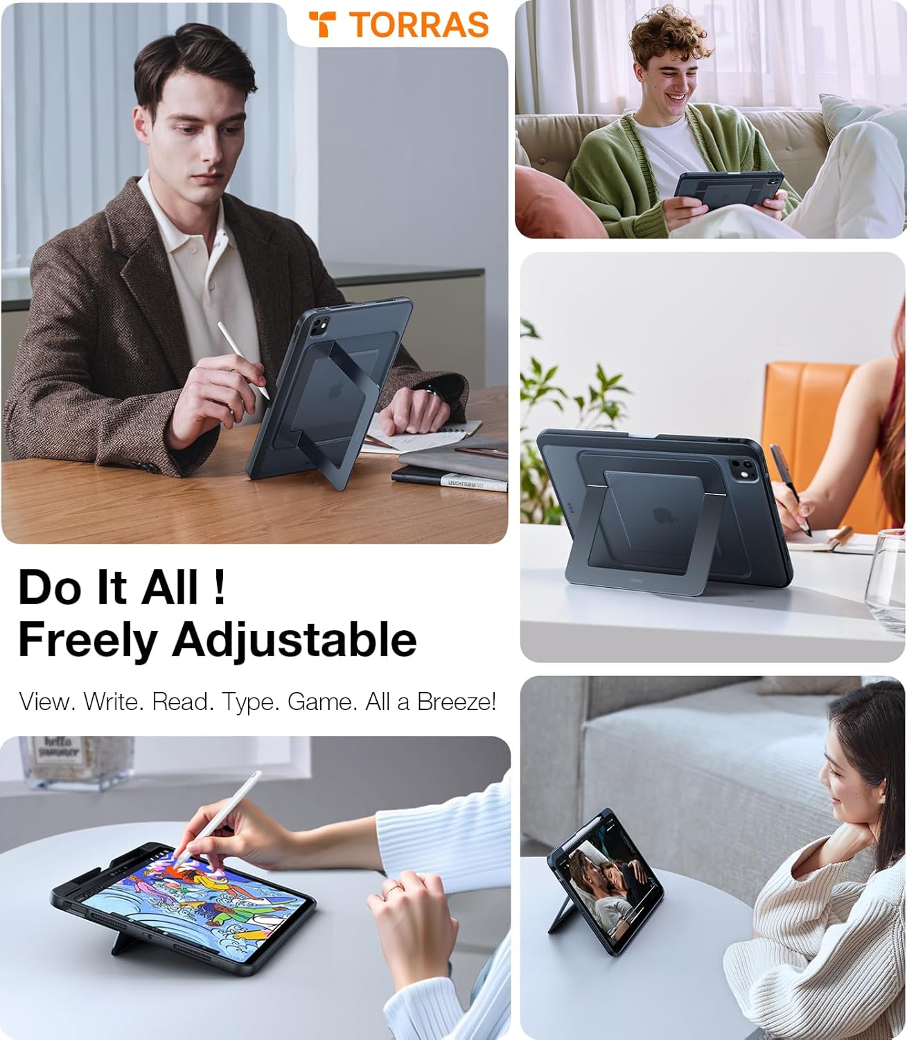 TORRAS Ostand K1 Guardian for iPad Pro 11 inch Case M5 2025 & 2024 M4, Ultra Stable Stand, Multiple Adjustable Viewing Angles, Slim Protective Kickstand iPad Pro 11 Case with Pencil Holder, Black - Image 4